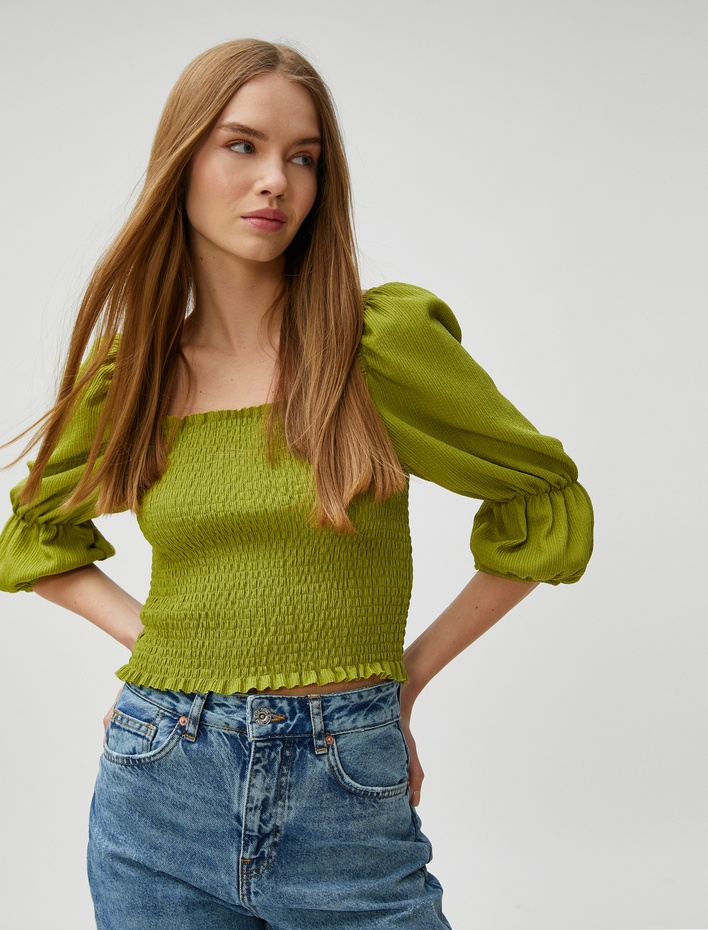  Crop Tişört Gipeli Balon Kollu Kare Yaka Bürümcük