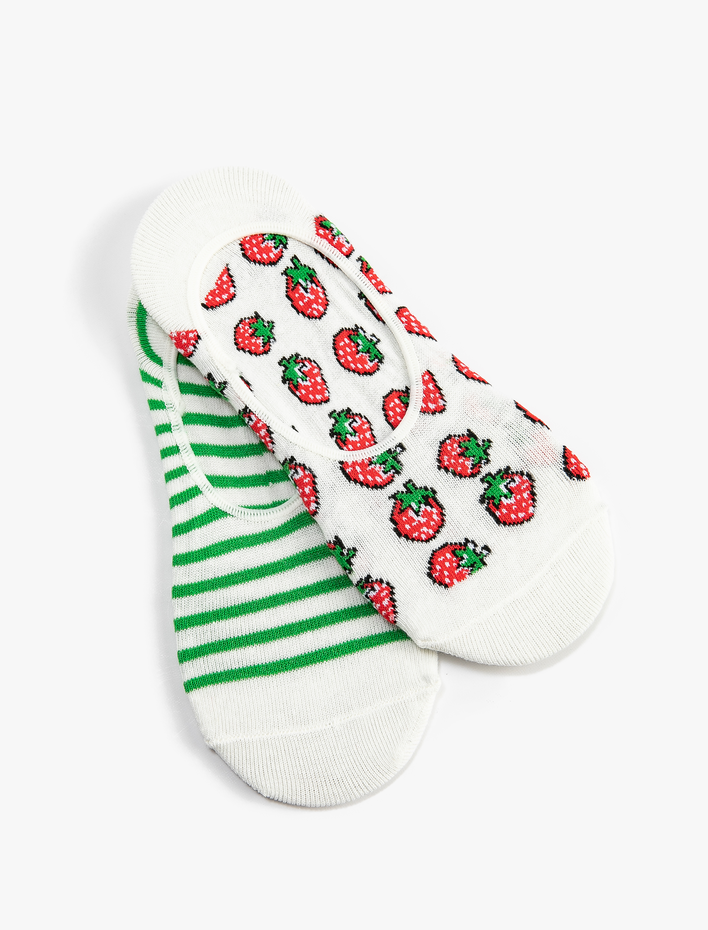  Kadın Çizgili 2'li Babet Çorap Seti Çilek İşlemeli