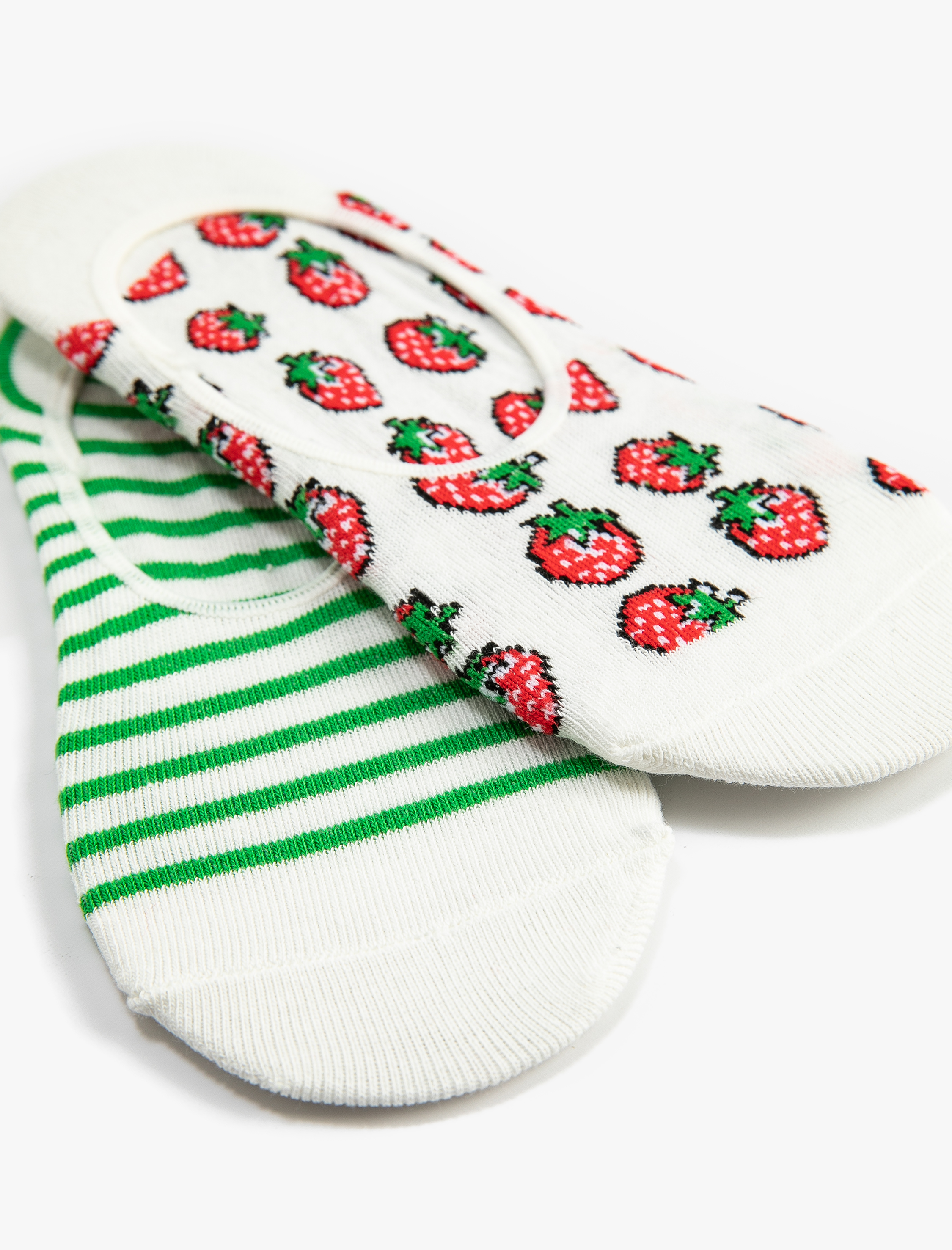  Kadın Çizgili 2'li Babet Çorap Seti Çilek İşlemeli