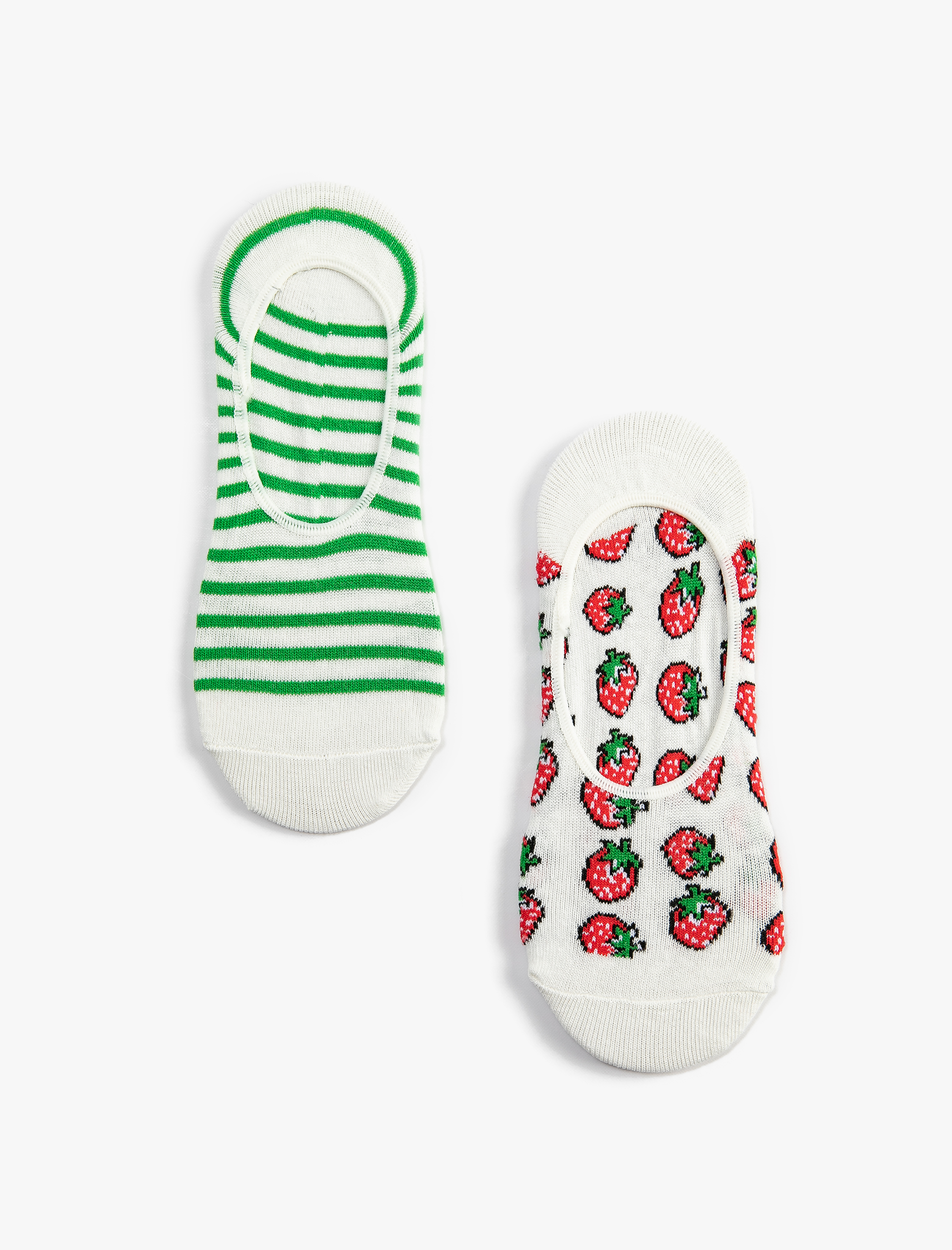  Kadın Çizgili 2'li Babet Çorap Seti Çilek İşlemeli