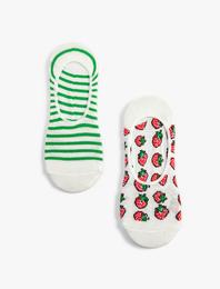 Çizgili 2'li Babet Çorap Seti Çilek İşlemeli