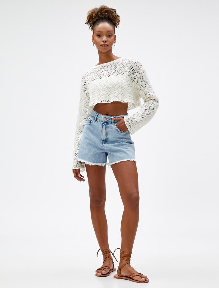  Kot Şort Yüksek Bel Yırtık Detaylı Cepli Pamuklu