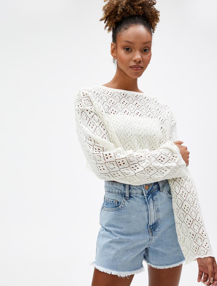  Kot Şort Yüksek Bel Yırtık Detaylı Cepli Pamuklu