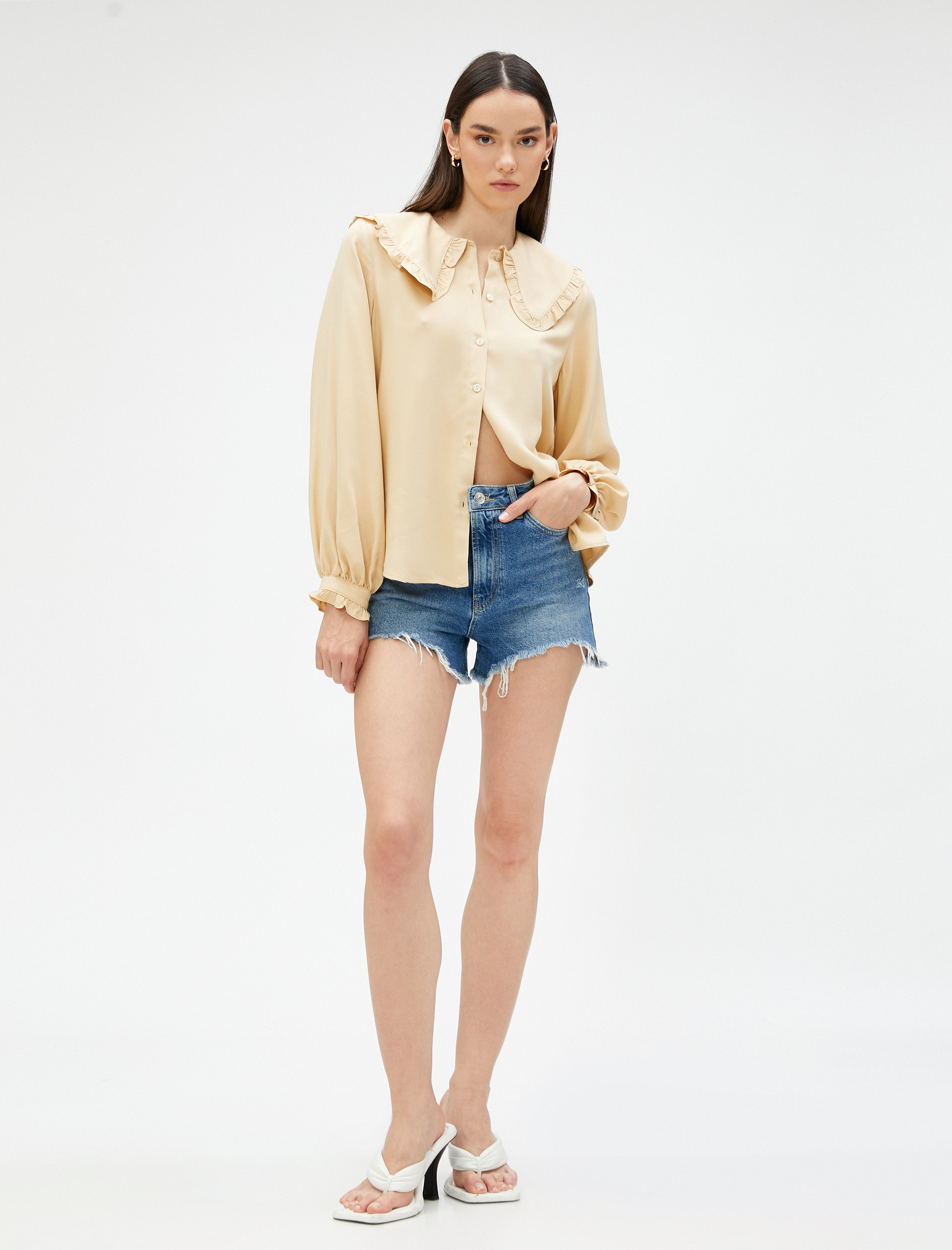   Geniş Peter Pan Yaka Gömlek Balon Kol