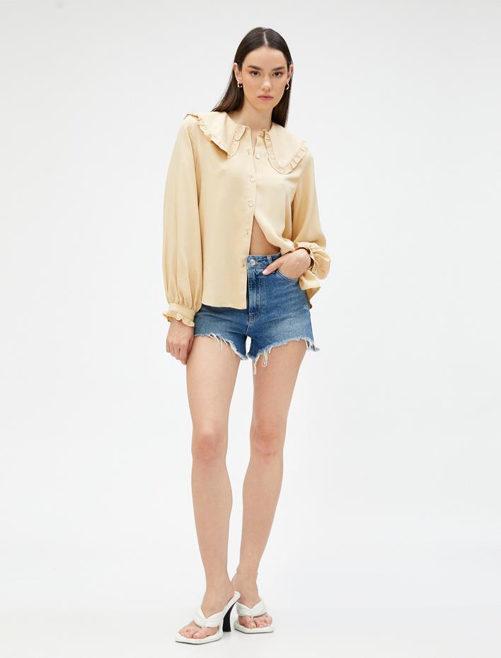  Geniş Peter Pan Yaka Gömlek Balon Kol