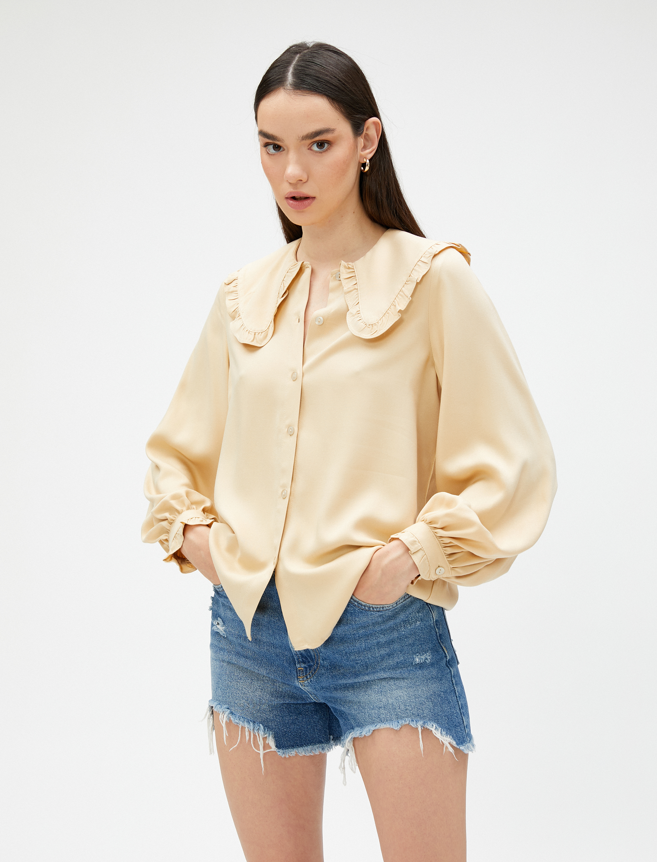   Geniş Peter Pan Yaka Gömlek Balon Kol