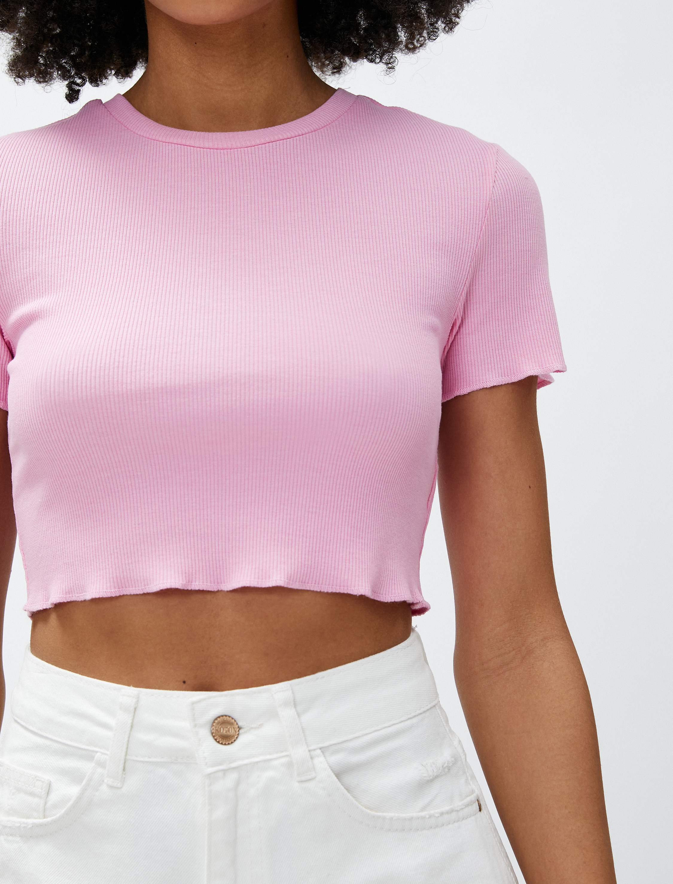   Crop Tişört Fitilli Kısa Kollu Bisiklet Yaka