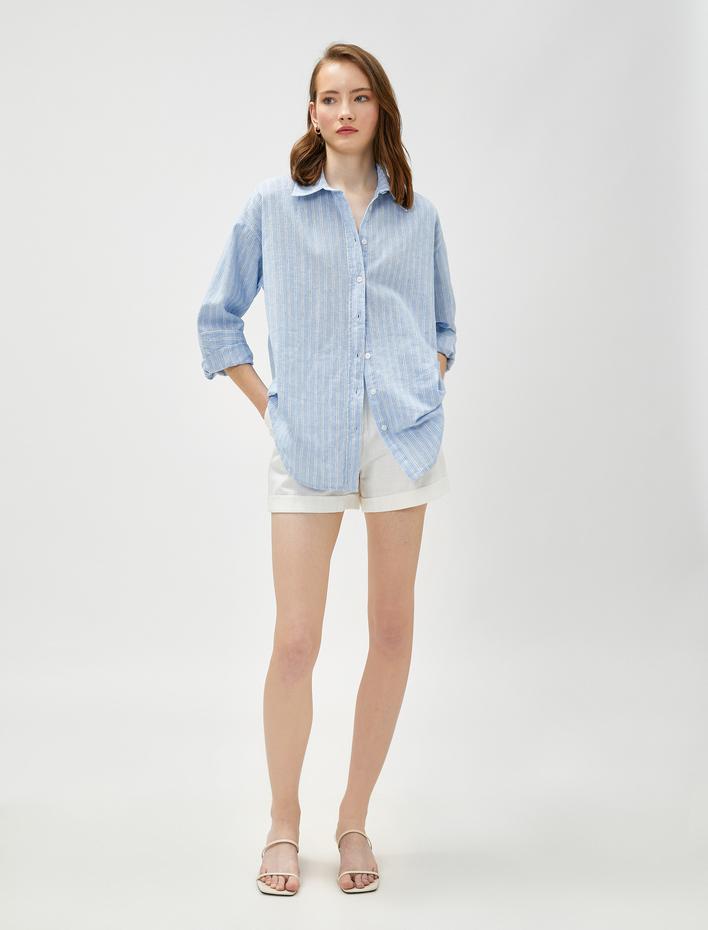  Keten Karışımlı Gömlek Uzun Kollu