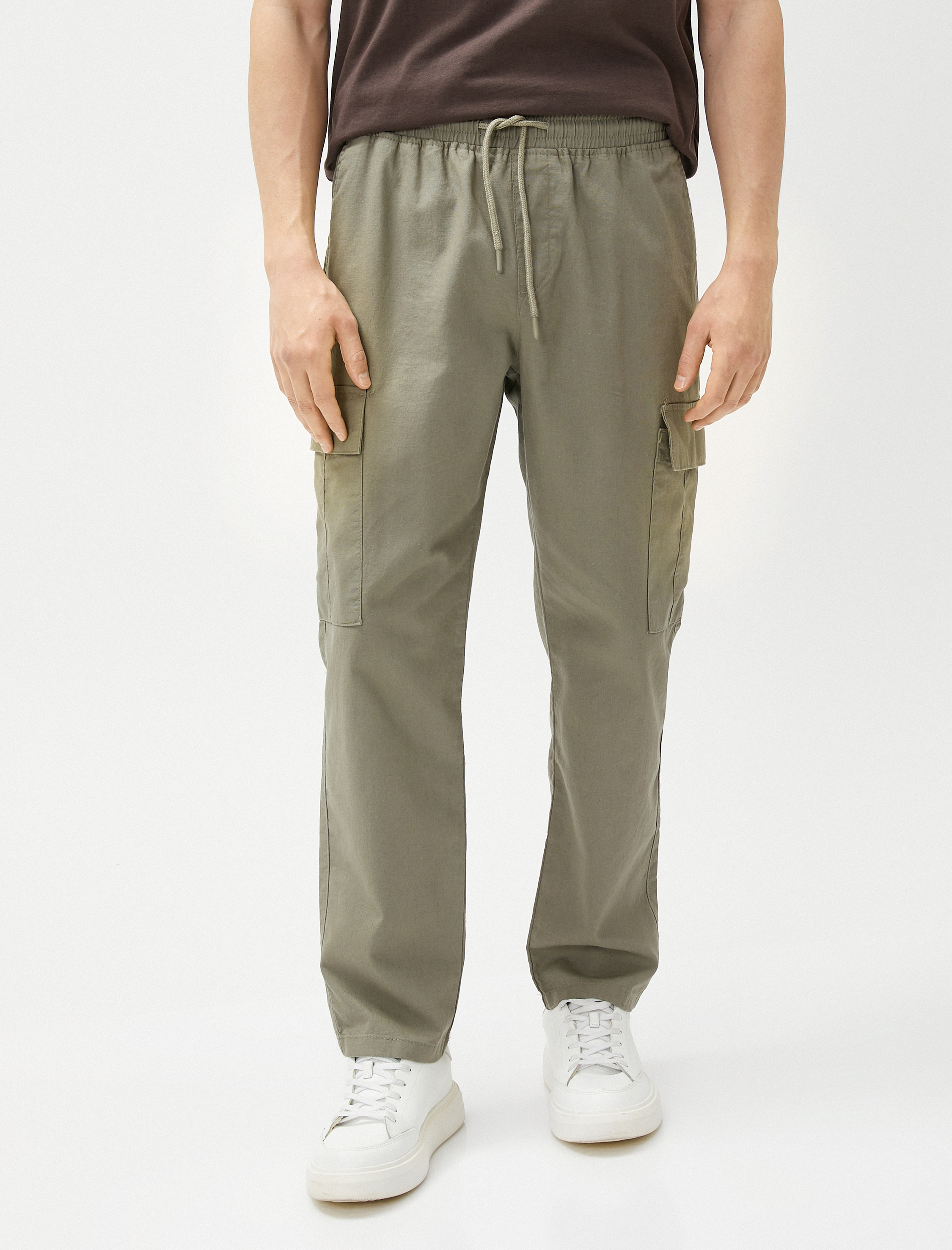 Keten Karışımlı Kargo Pantolon Cepli Beli Bağlamalı