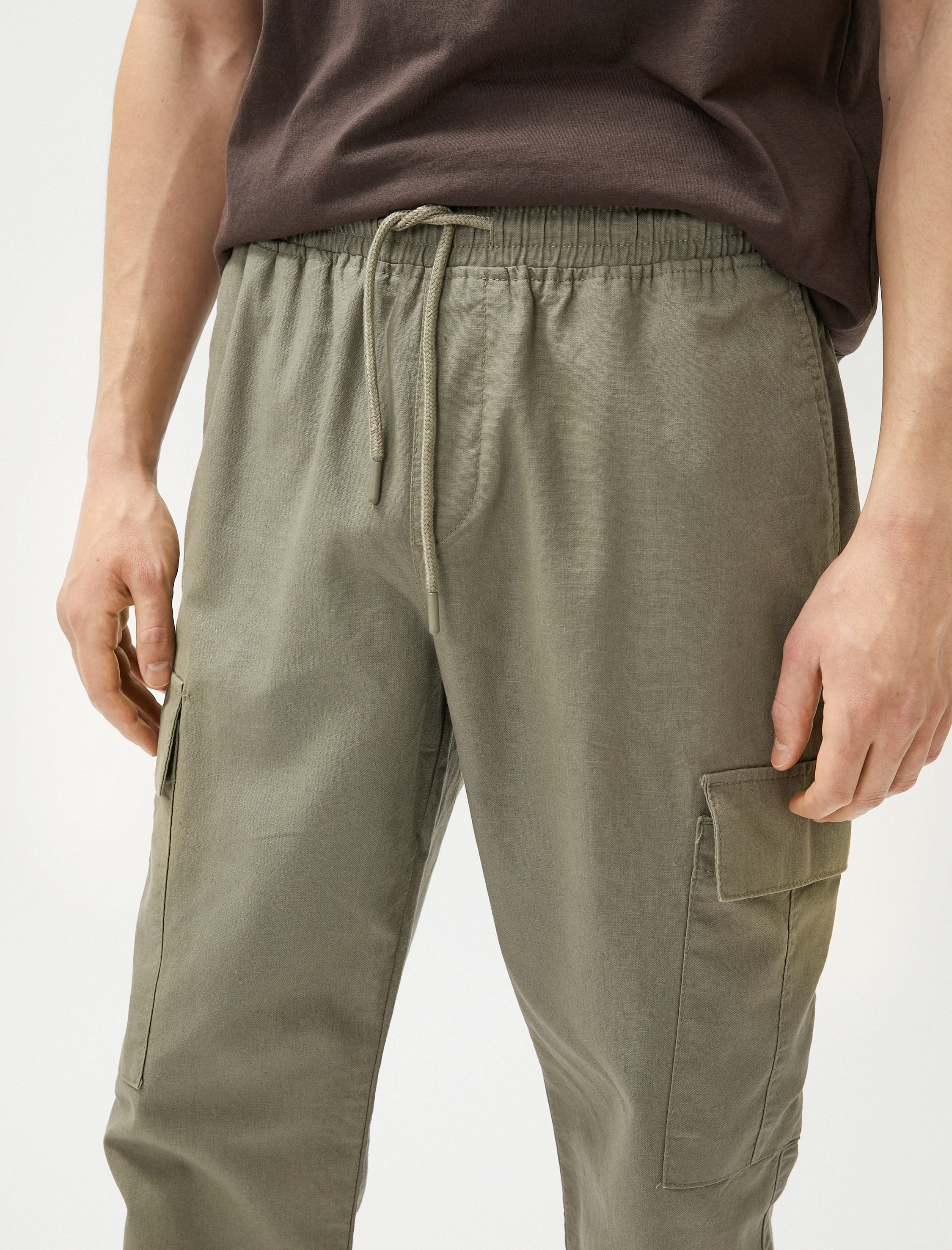 Keten Karışımlı Kargo Pantolon Cepli Beli Bağlamalı