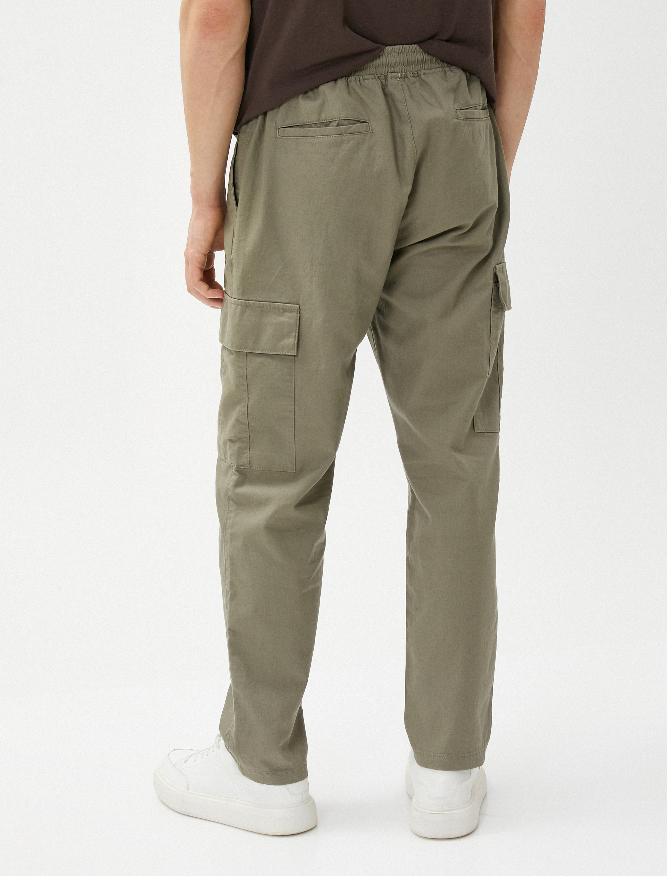 Keten Karışımlı Kargo Pantolon Cepli Beli Bağlamalı