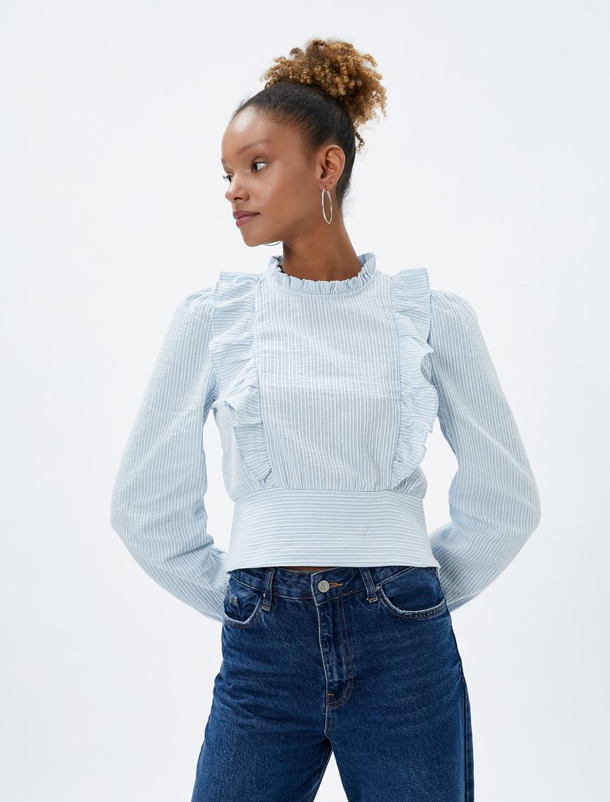   Crop Bluz Fırfırlı Uzun Kollu Slim Fit