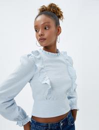 Crop Bluz Fırfırlı Uzun Kollu Slim Fit