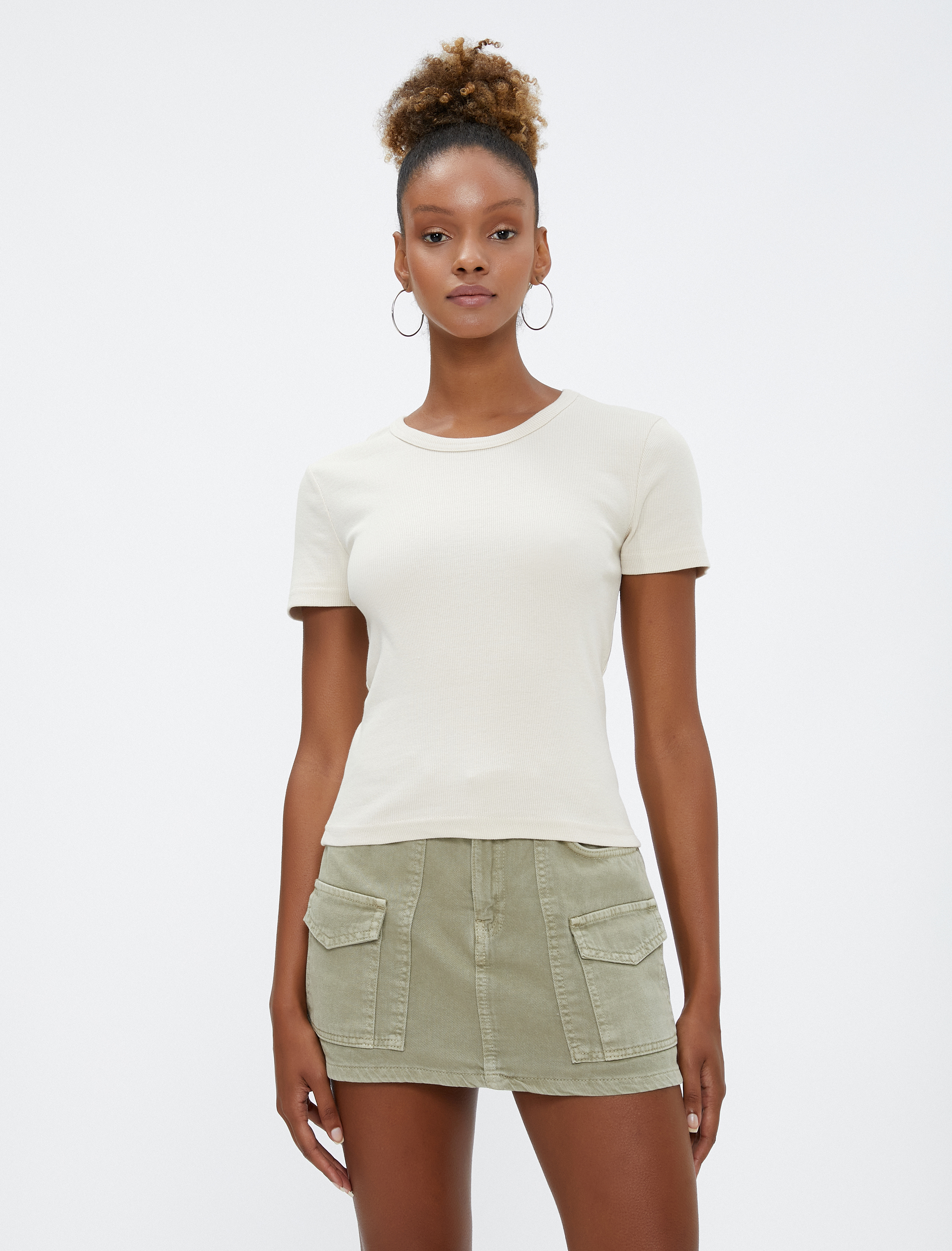   Basic Tişört Kısa Kollu Bisiklet Yaka Ribanalı Pamuklu