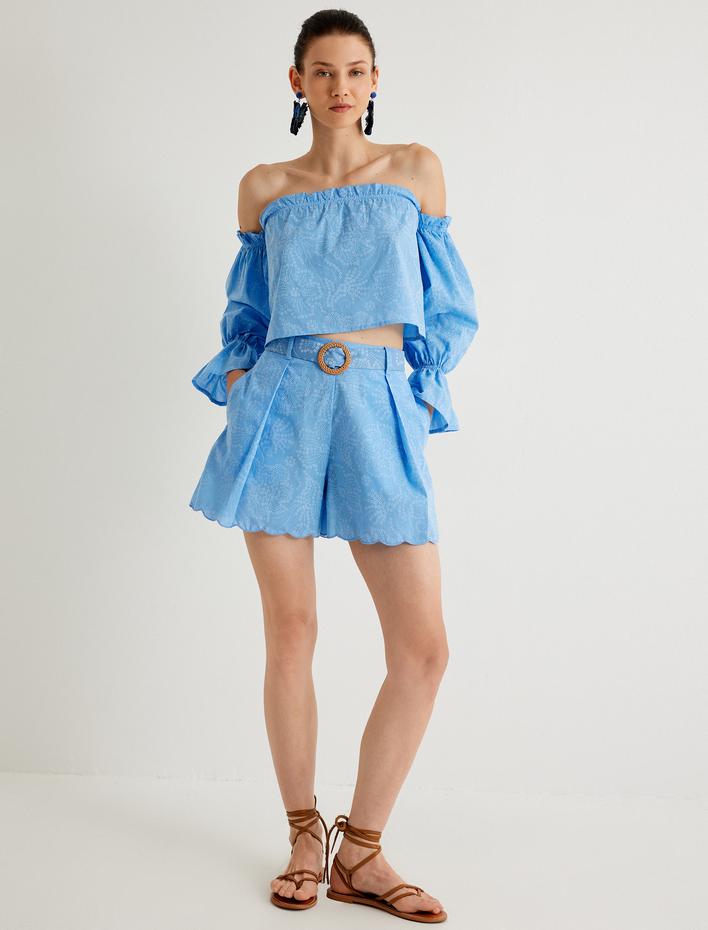  Koton X Melis Ağazat - Fırfırlı Crop Omzu Açık Üst Çiçekli Uzun Kollu