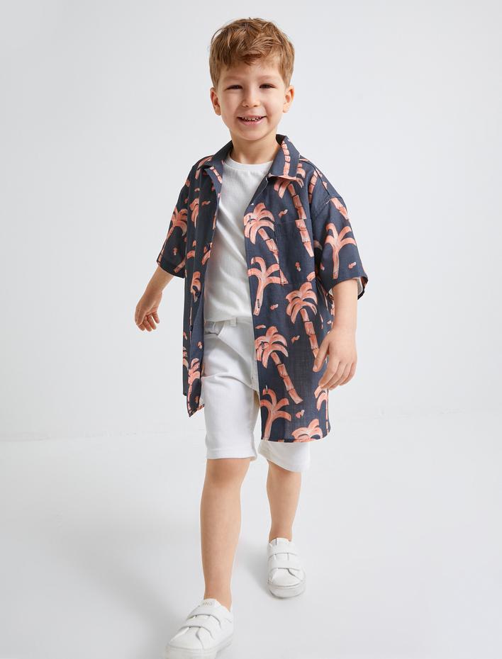 Erkek Çocuk Kısa Kollu Gömlek Palmiye Baskılı Pamuklu