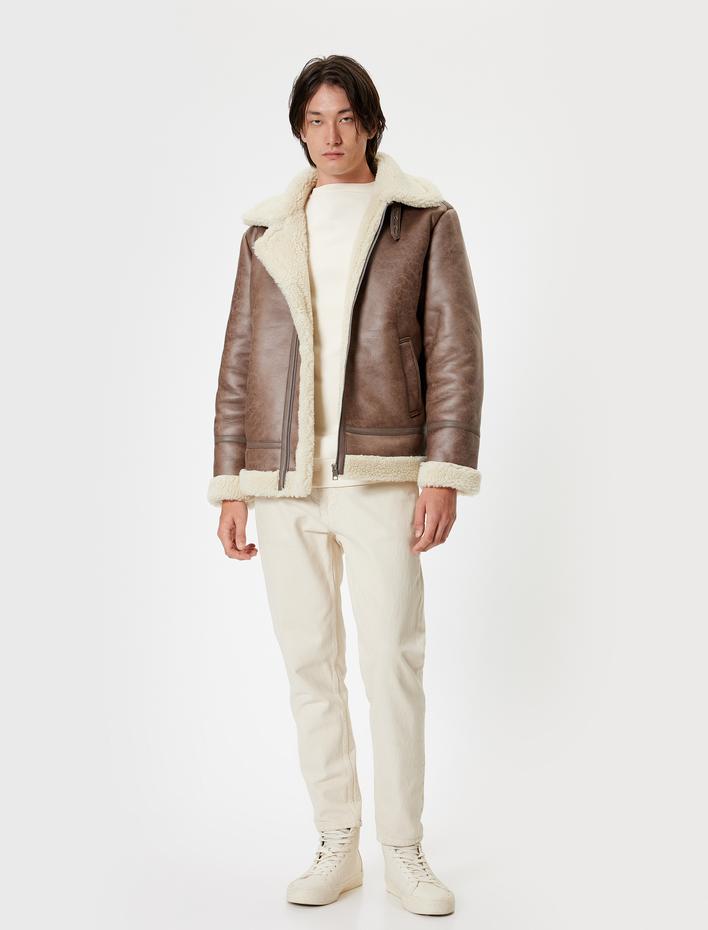  Peluş Yaka Detaylı Fermuarlı Suni Deri Ceket