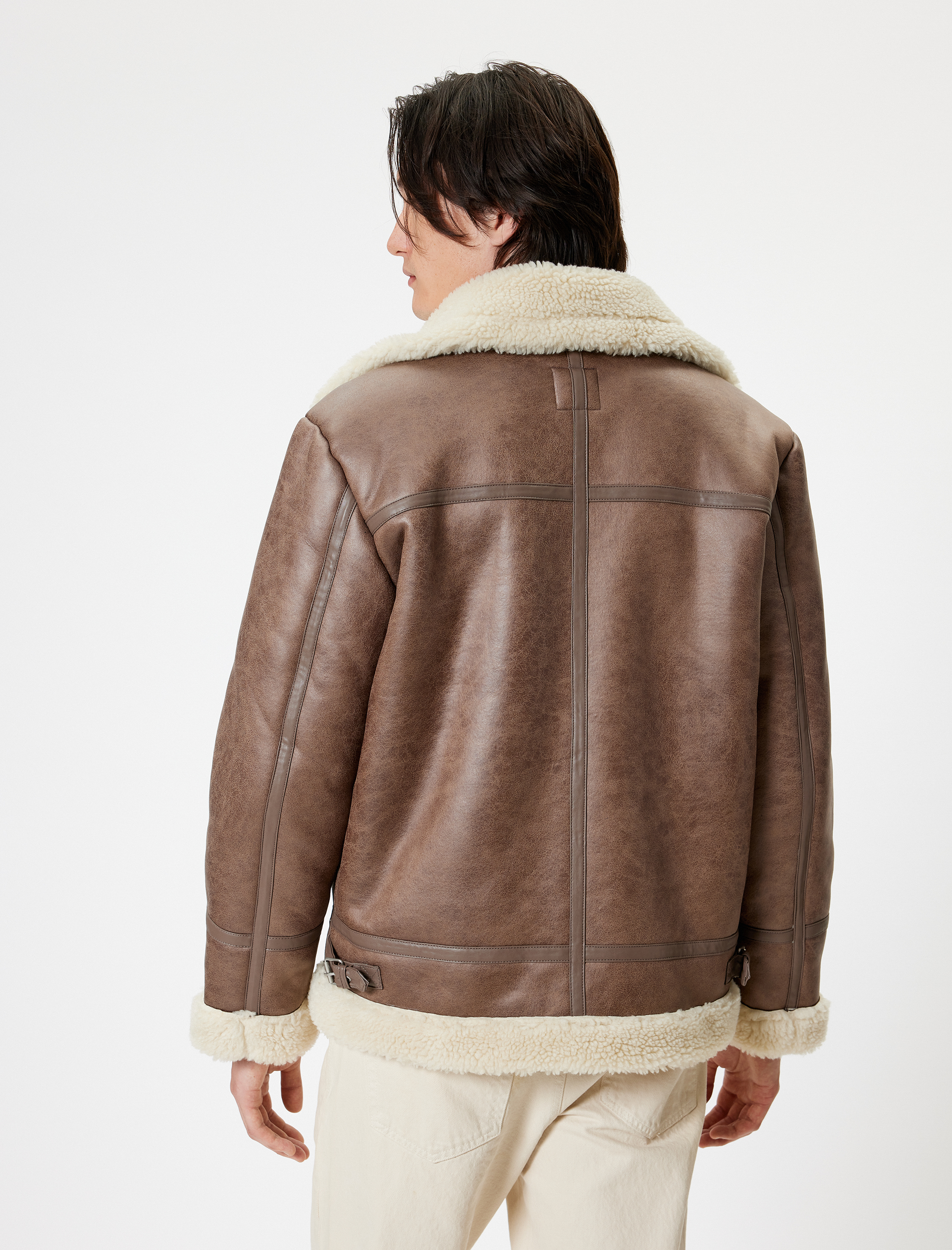   Peluş Yaka Detaylı Fermuarlı Suni Deri Ceket