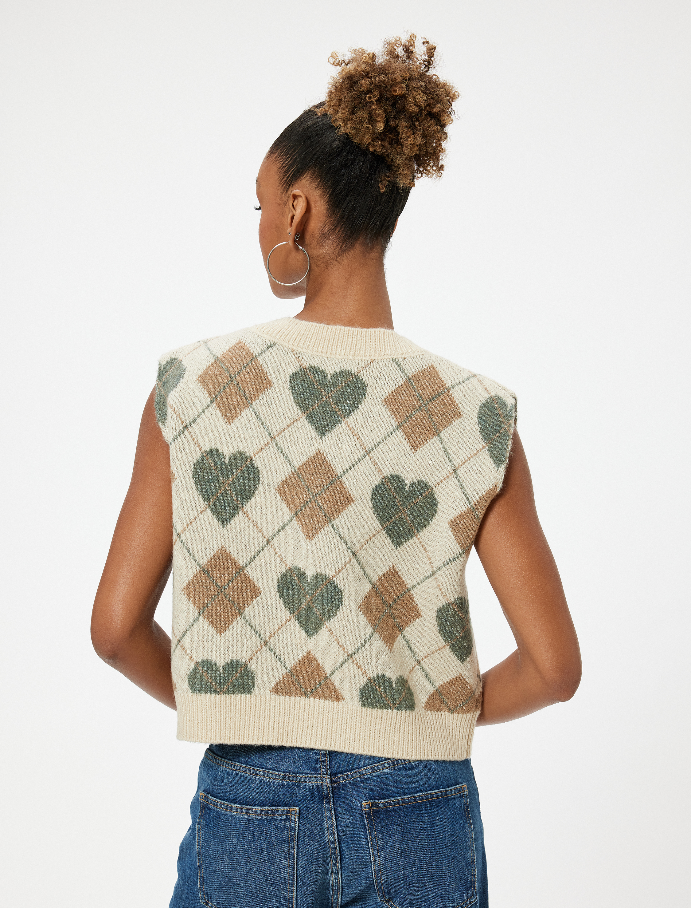   Kolsuz Süveter Kalp Desenli V Yaka