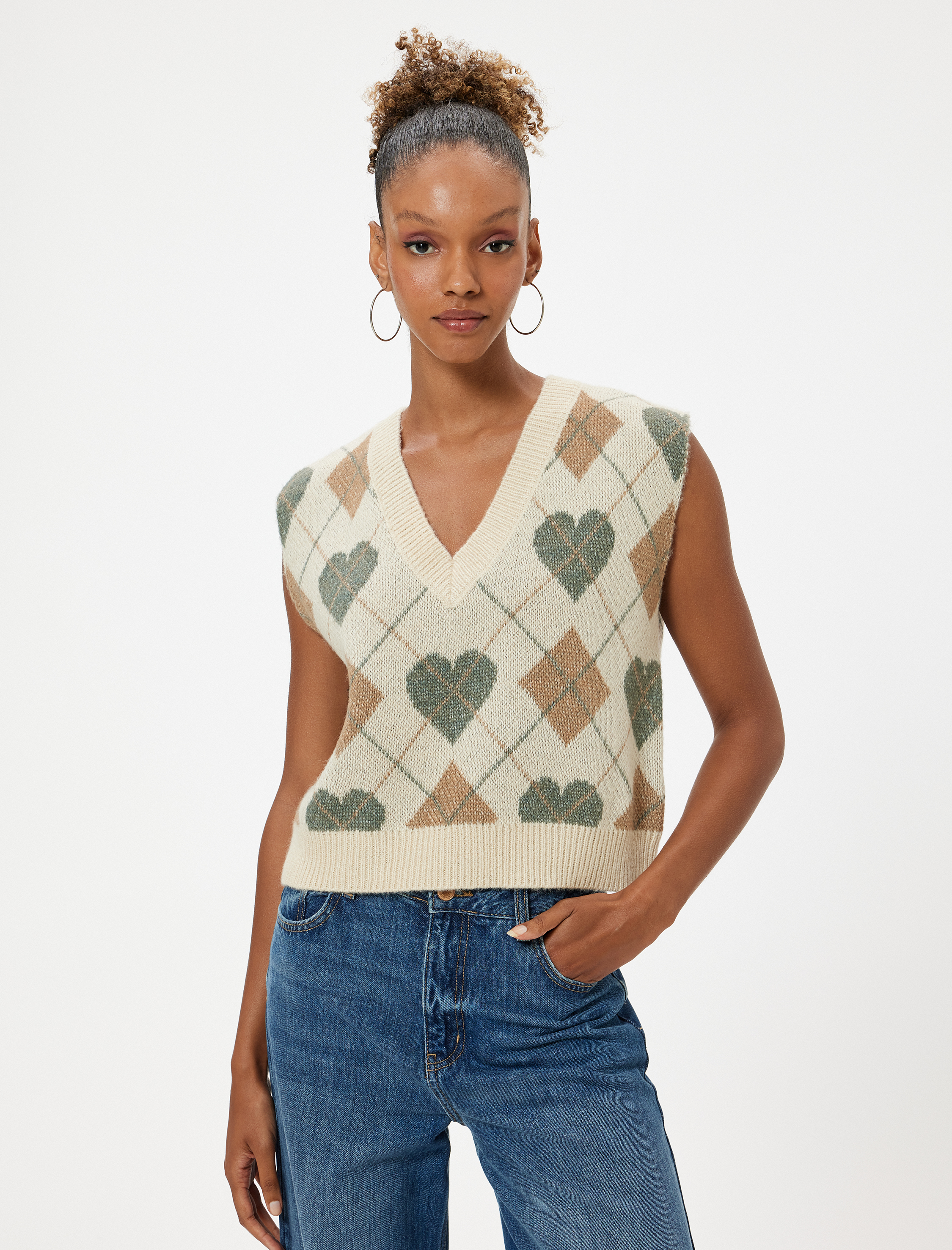   Kolsuz Süveter Kalp Desenli V Yaka