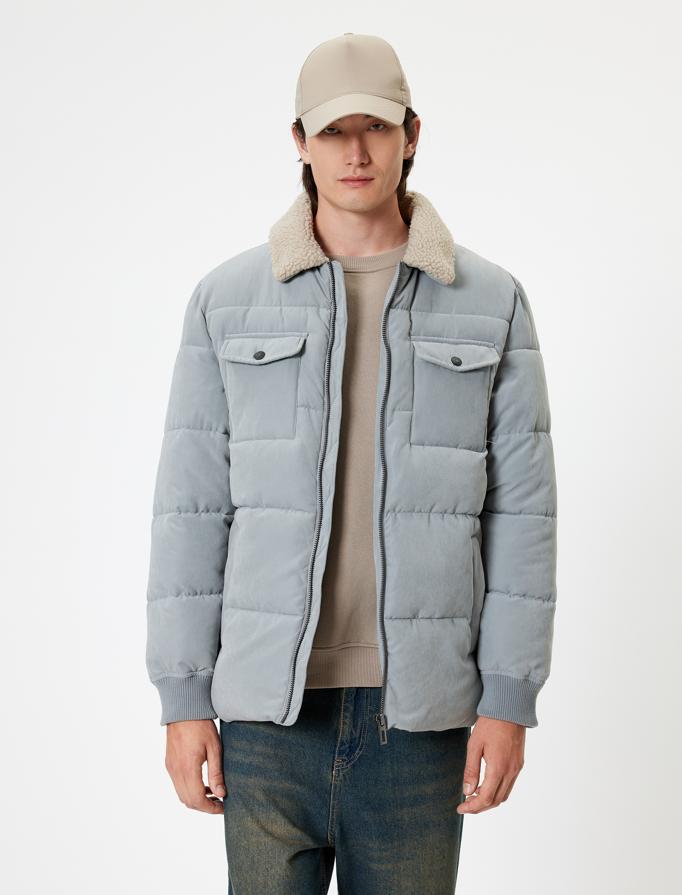   Slim Fit Şişme Mont Peluş Yaka Detaylı Fermuarlı