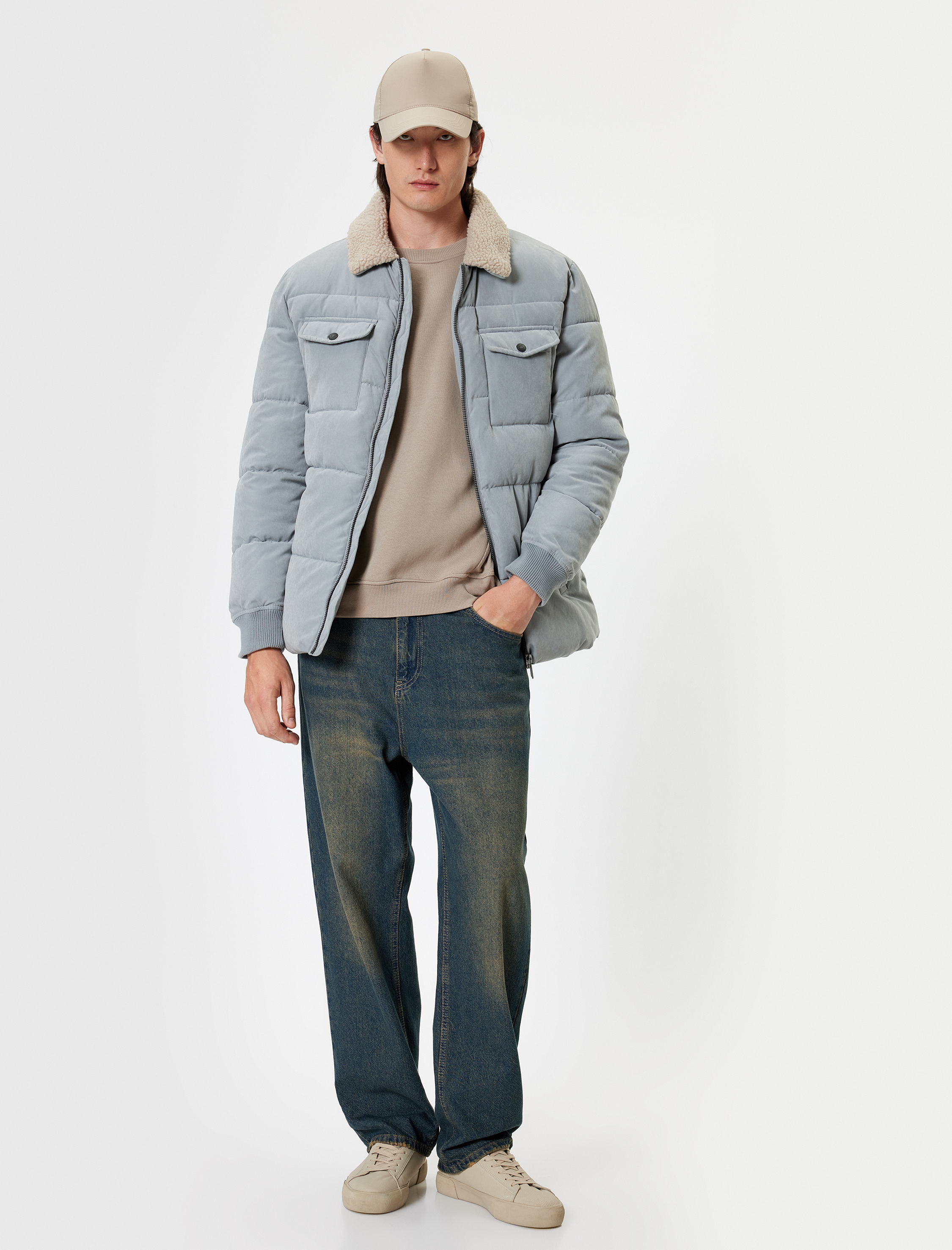   Slim Fit Şişme Mont Peluş Yaka Detaylı Fermuarlı