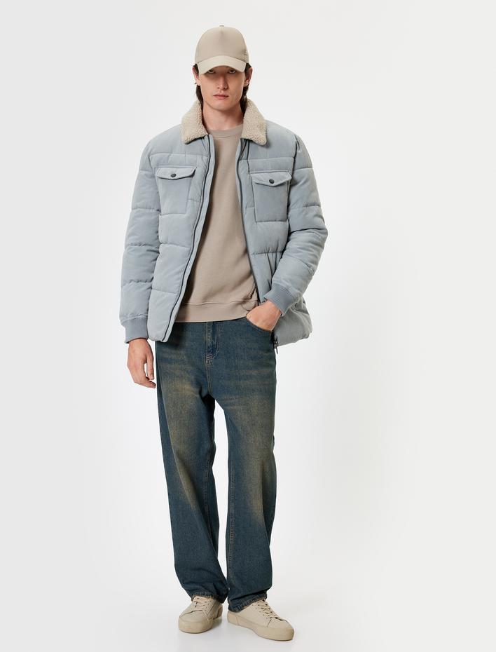  Slim Fit Şişme Mont Peluş Yaka Detaylı Fermuarlı