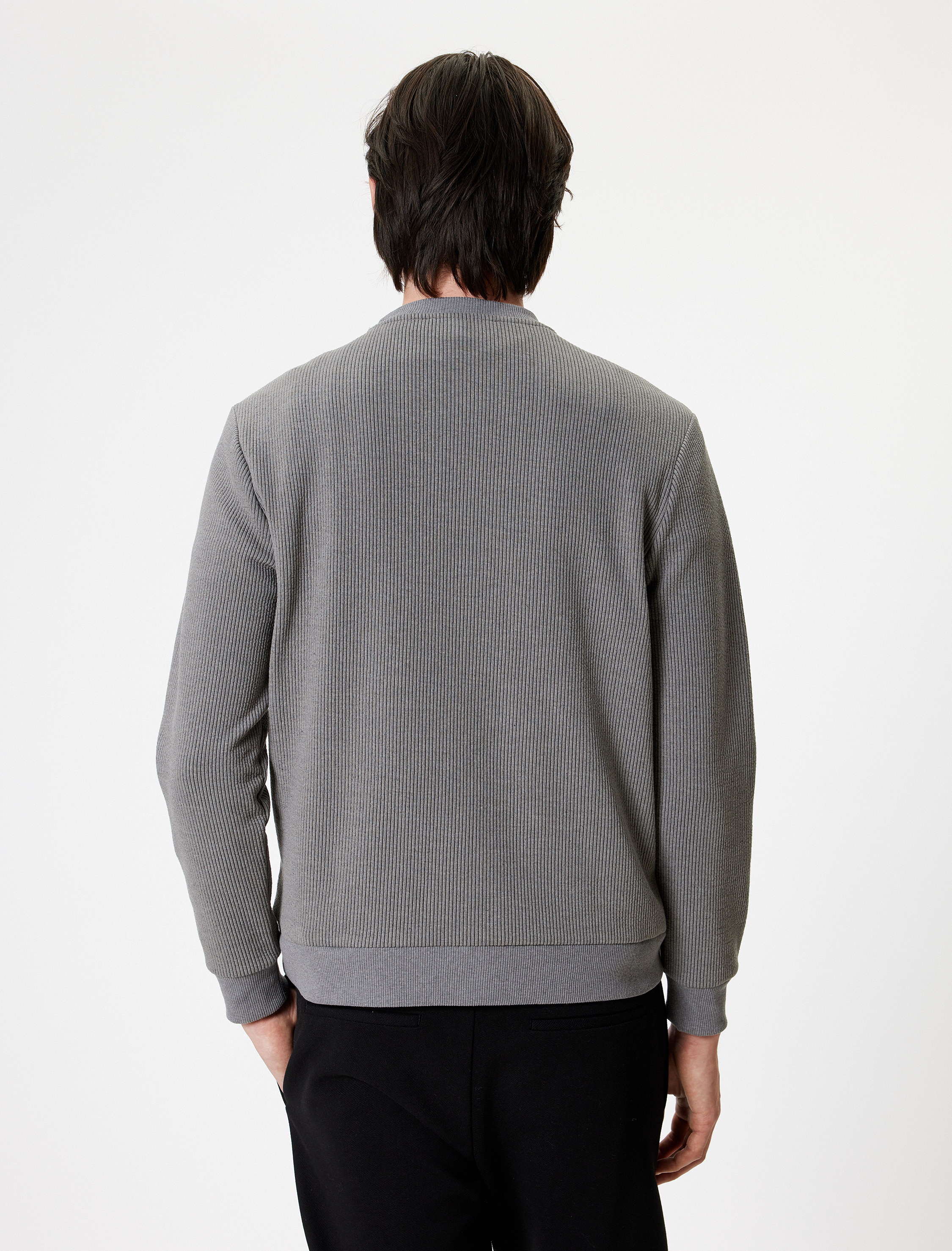   Bisiklet Yaka Dokulu Pamuk Karışımlı Uzun Kollu Basic Sweatshirt