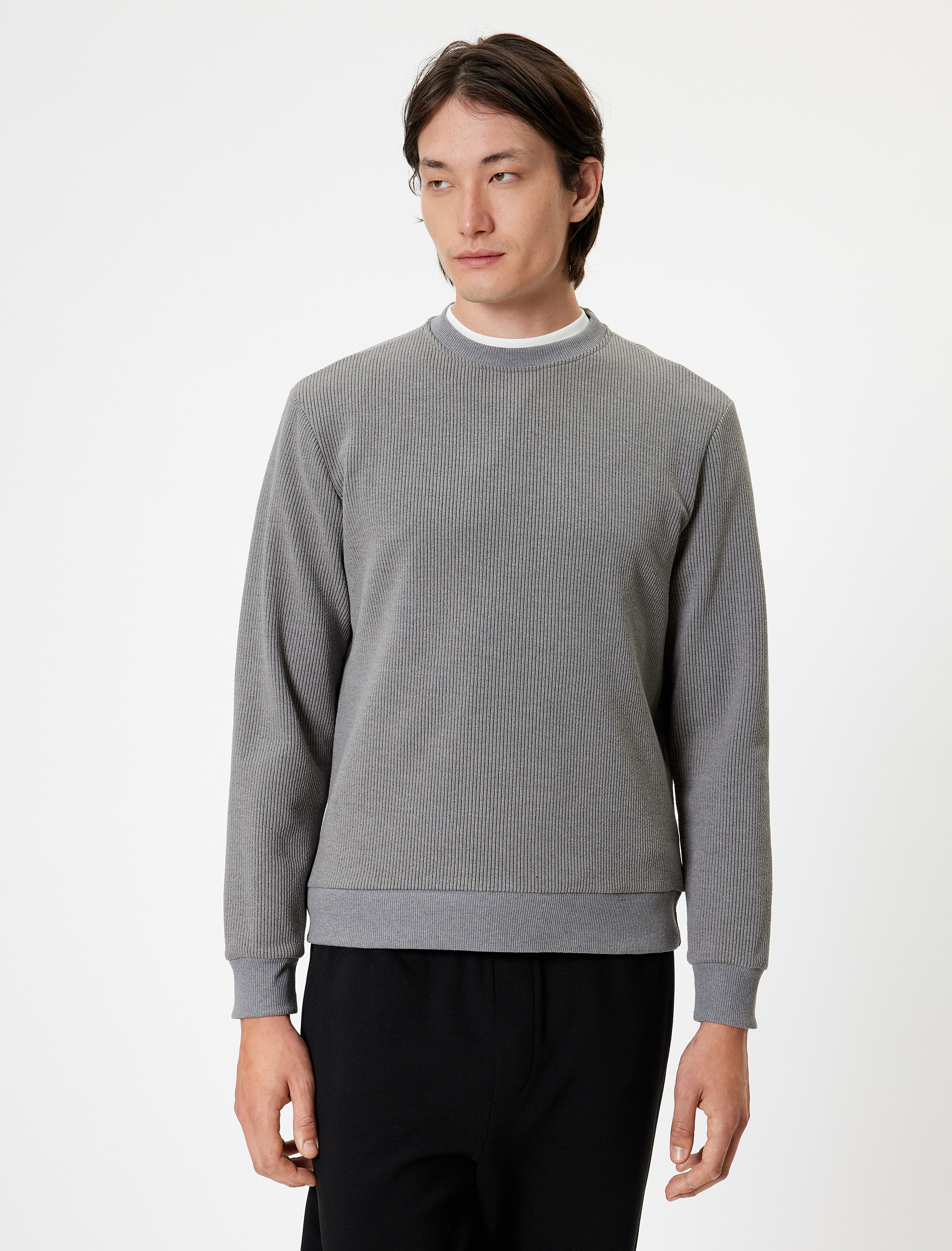   Bisiklet Yaka Dokulu Pamuk Karışımlı Uzun Kollu Basic Sweatshirt