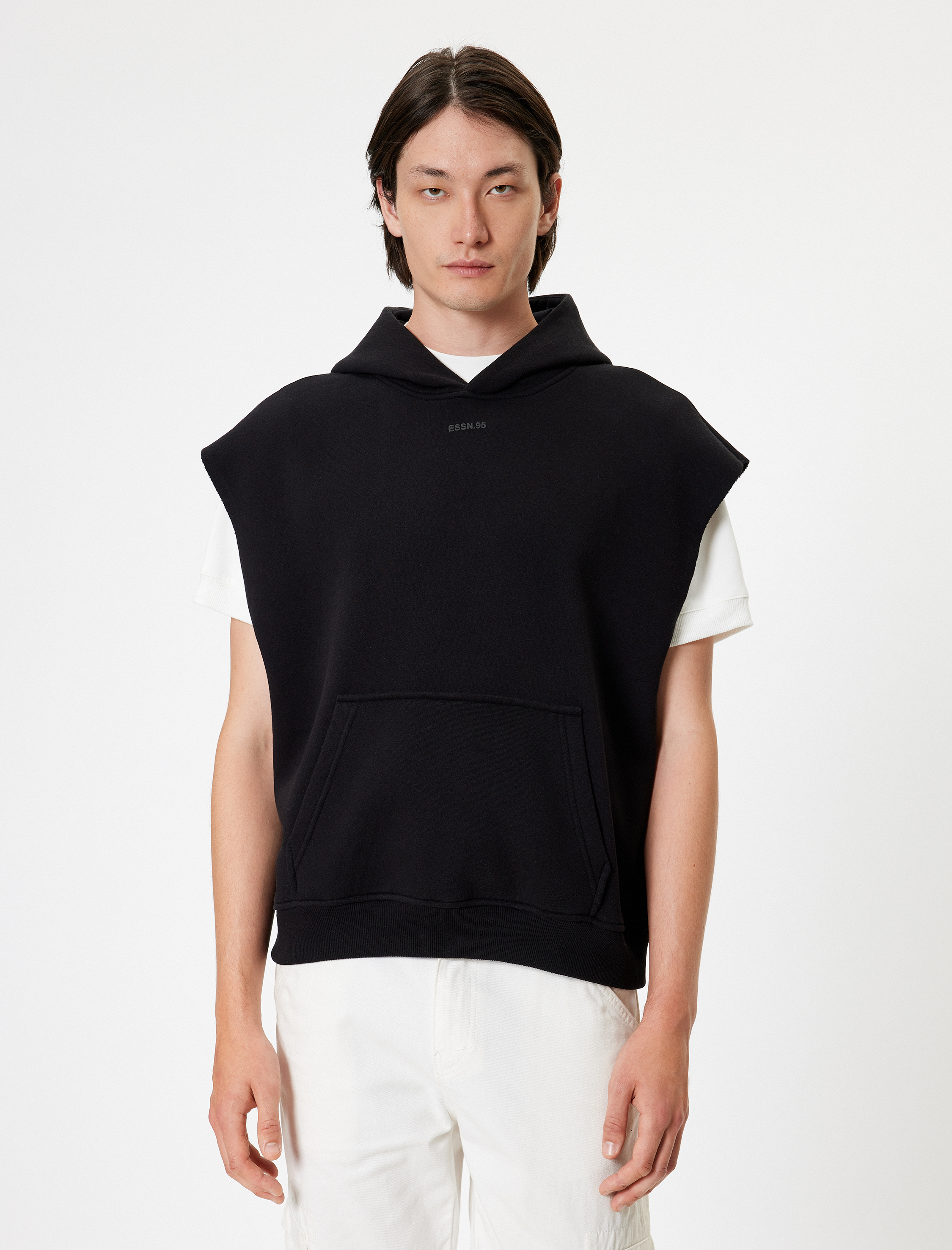   Oversize Kolsuz Sweatshirt Kapşonlu Kanguru Cepli Baskılı Pamuklu Şardonlu