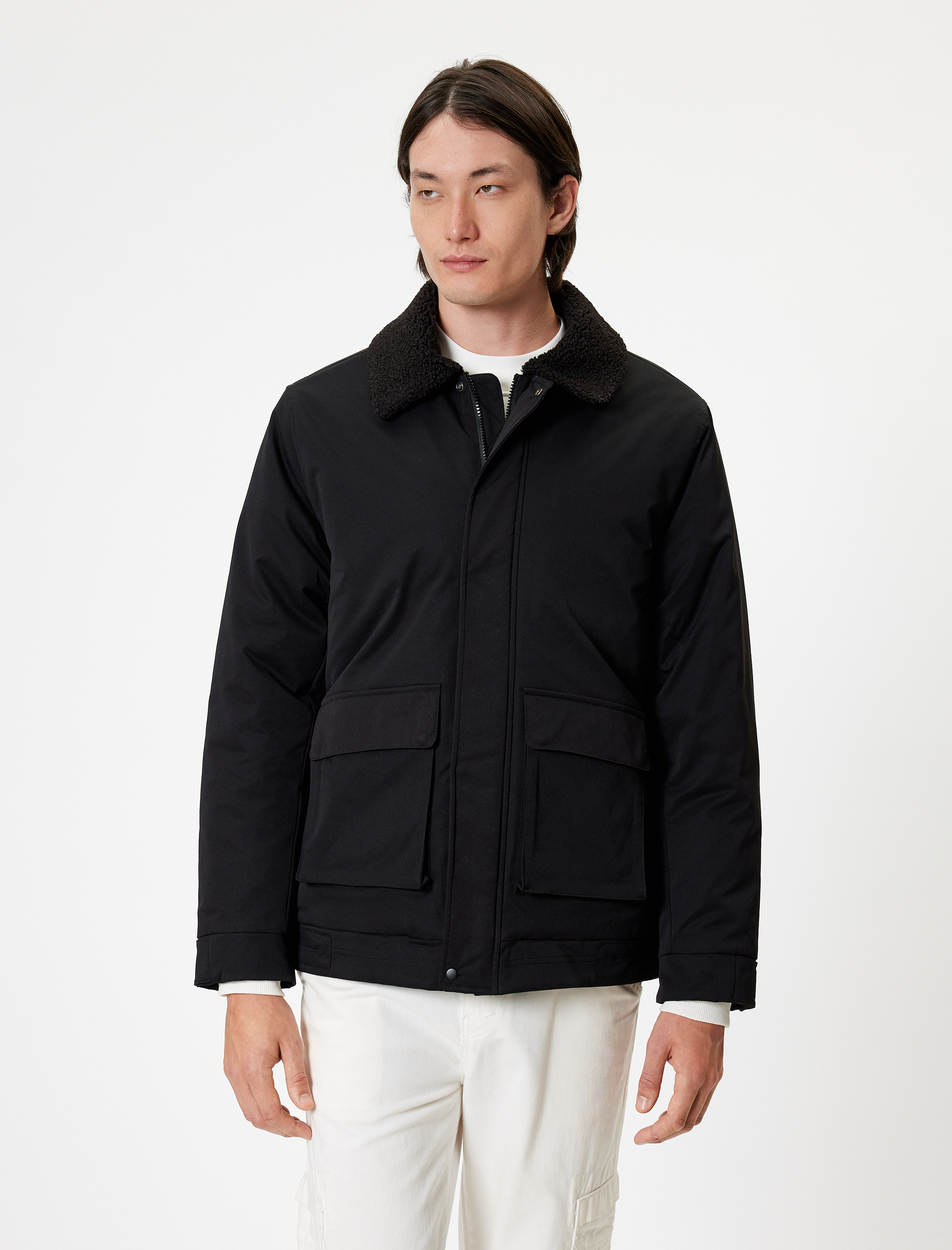   Slim Fit Fermuarlı Peluş Yaka Ceket