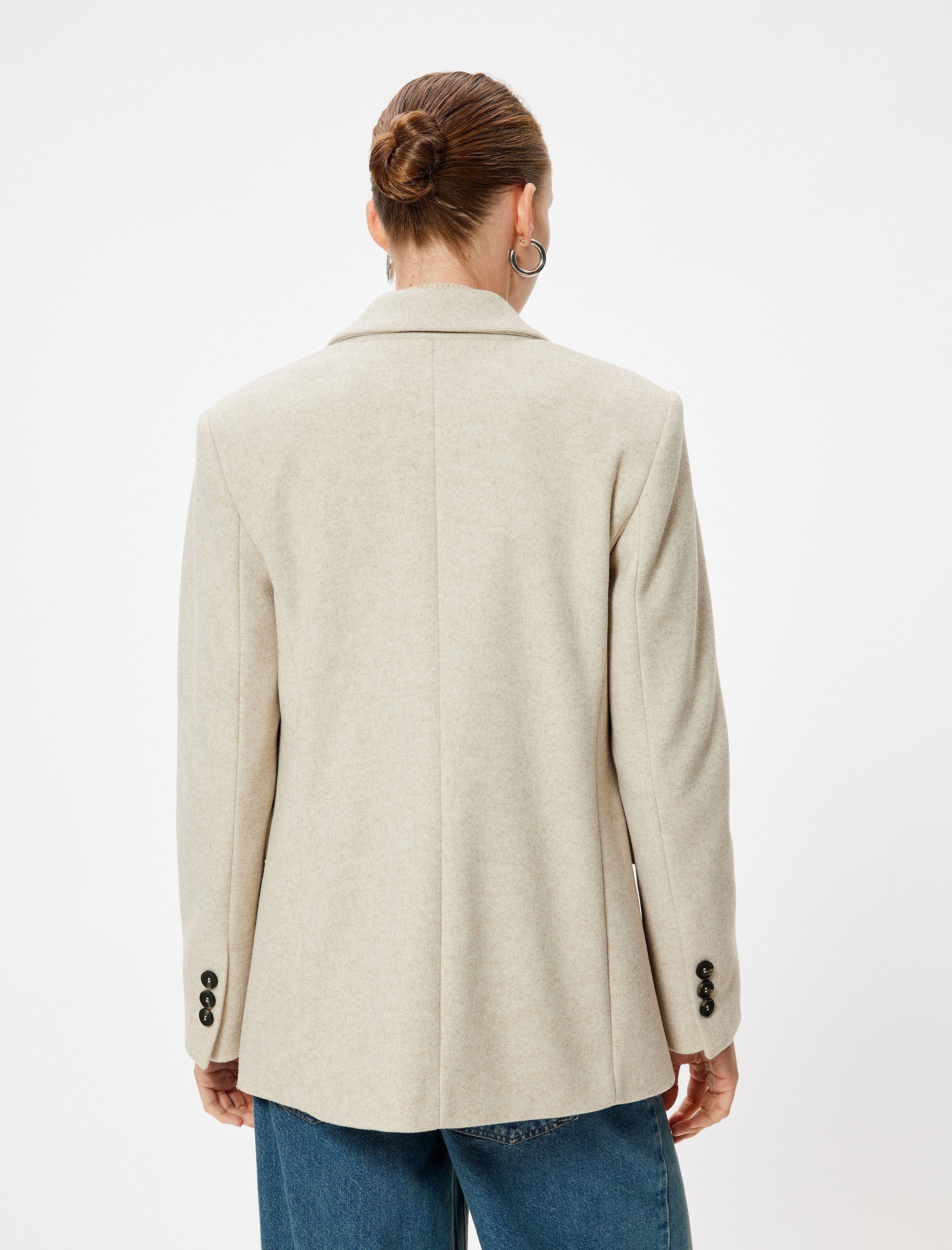   Kapaklı Cep Detaylı Uzun Kollu Kruvaze Kaşe Blazer Ceket