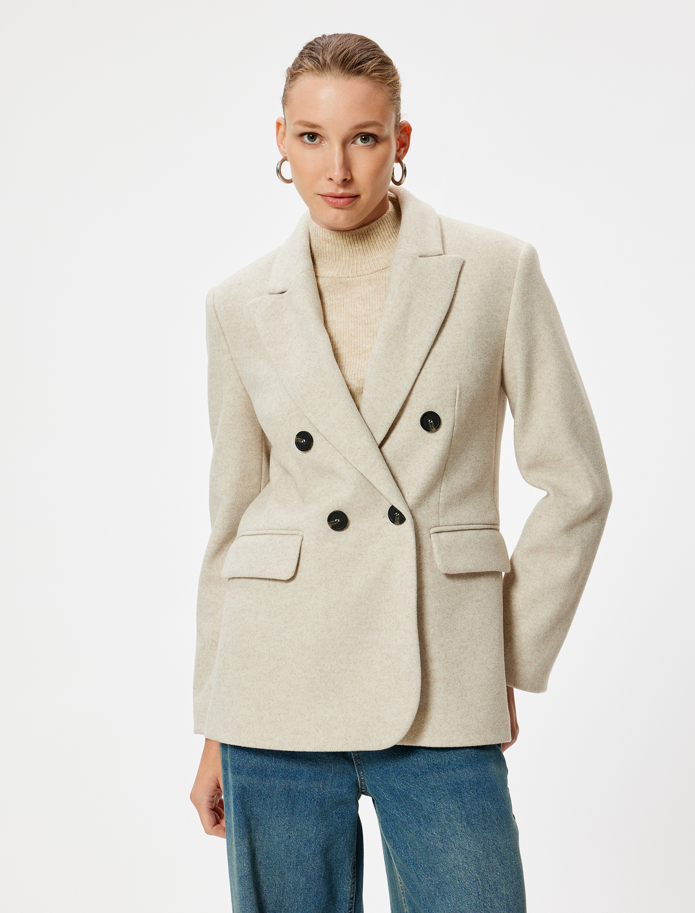   Kapaklı Cep Detaylı Uzun Kollu Kruvaze Kaşe Blazer Ceket