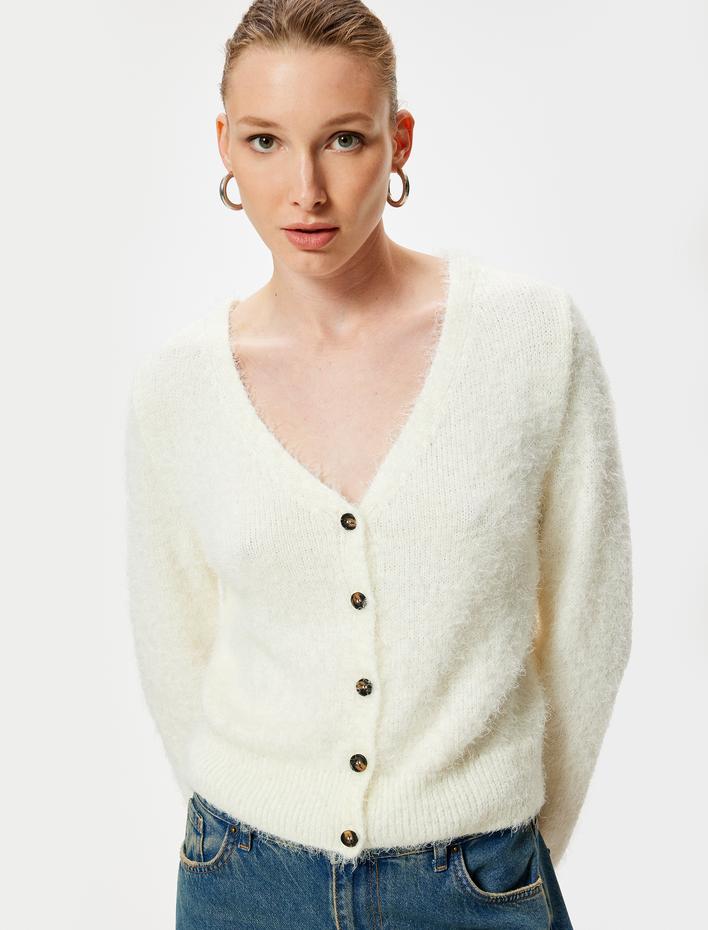  Peluş Triko Hırka V Yaka Düğmeli Uzun Kollu