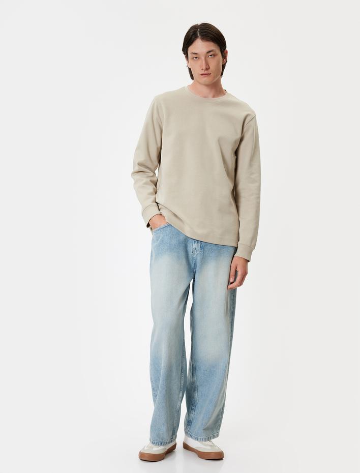  Bisiklet Yaka Sweatshirt Basic Uzun Kollu Pamuklu İnterlok Kumaş