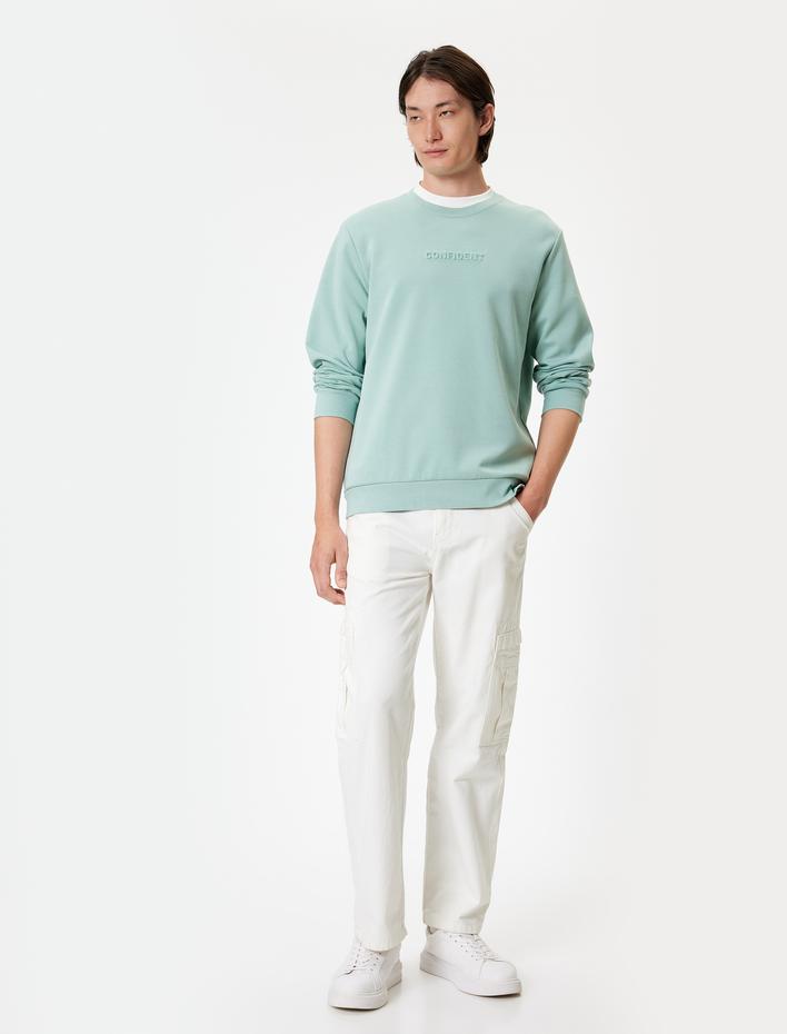  Bisiklet Yaka Sweatshirt Slogan Baskılı Basic Uzun Kollu Pamuklu İnterlok Kumaş