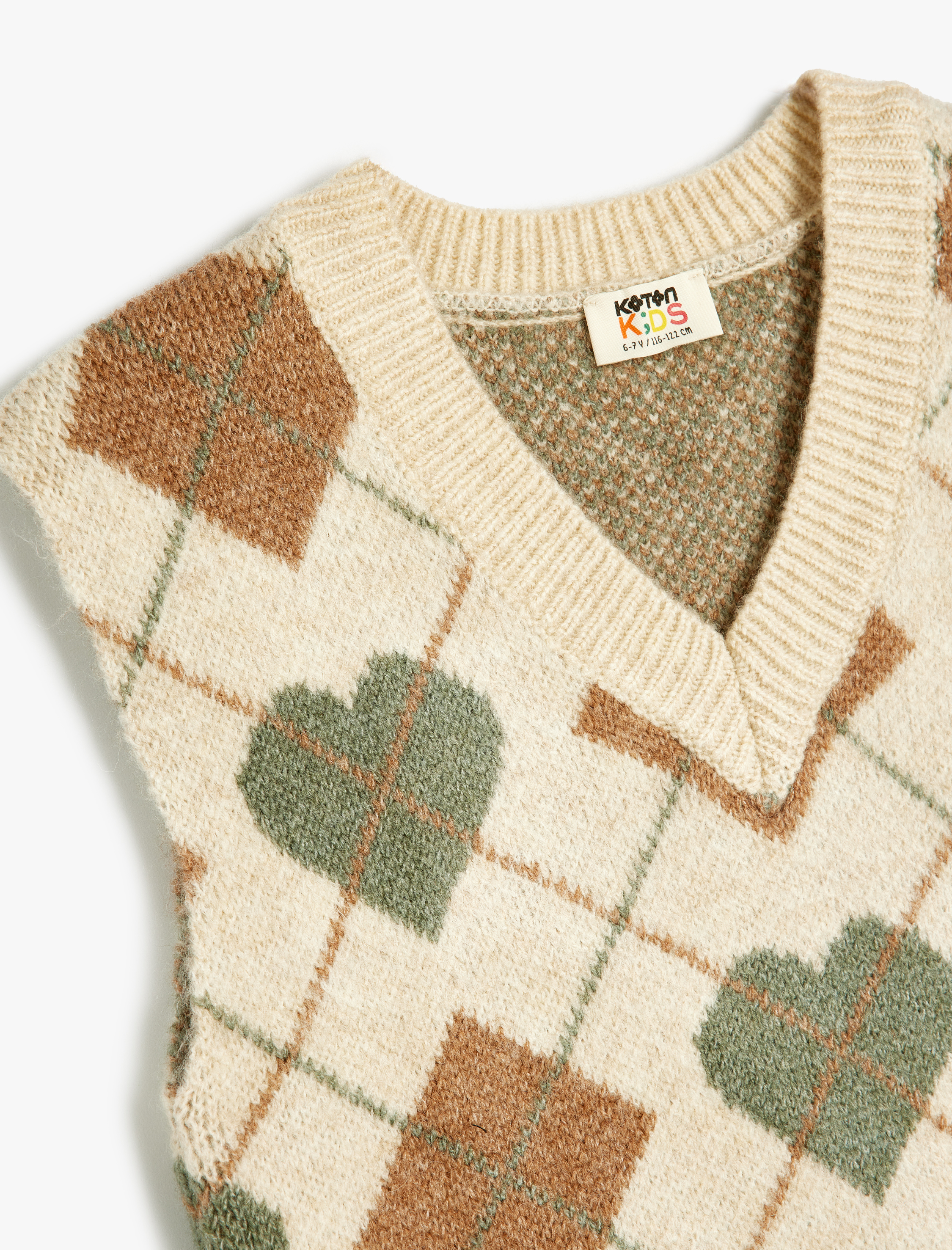 Kız Çocuk V Yaka Kolsuz Baklava Desenli Triko Süveter