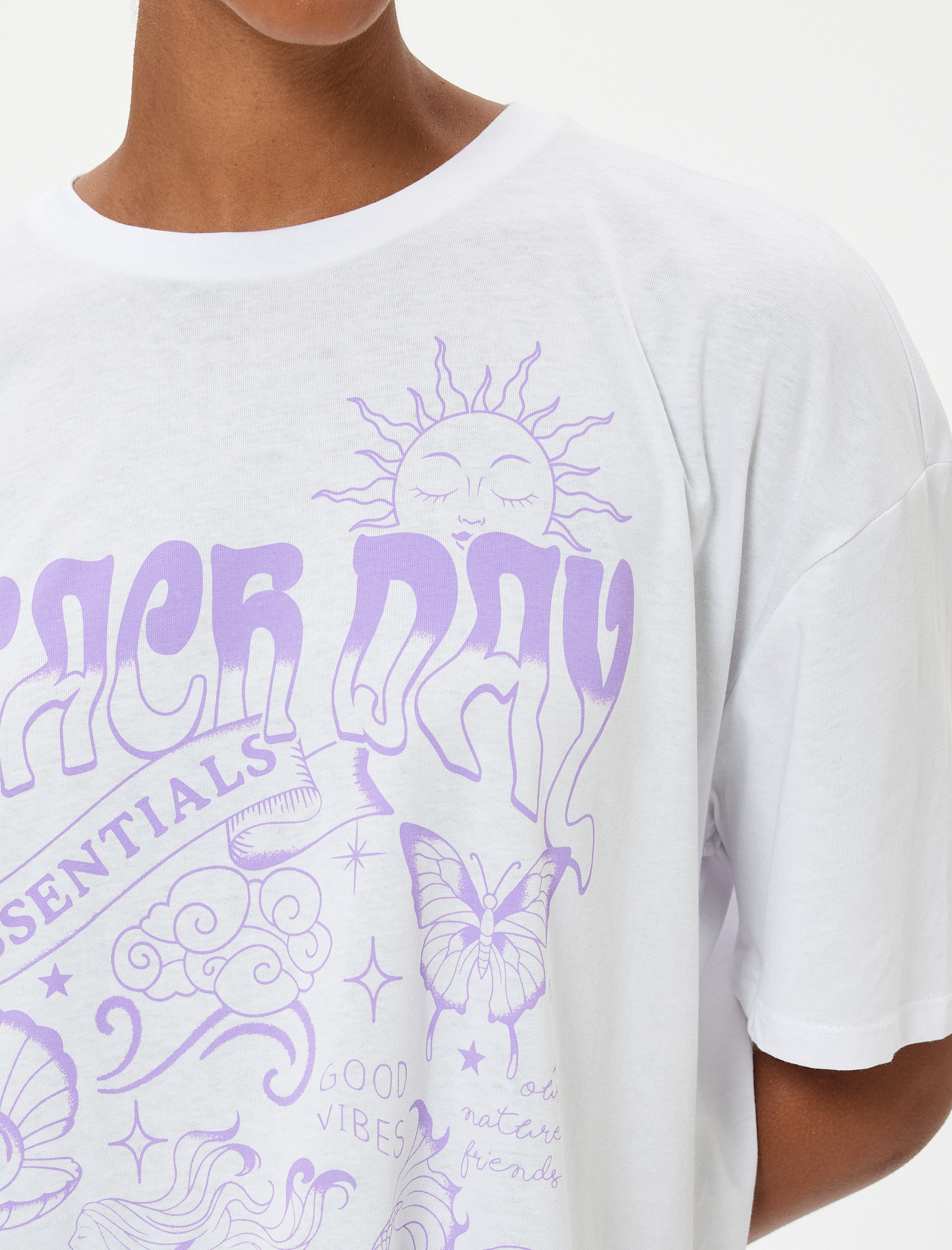   Oversize Kısa Kollu Bisiklet Yaka Baskılı Pamuklu Tişört