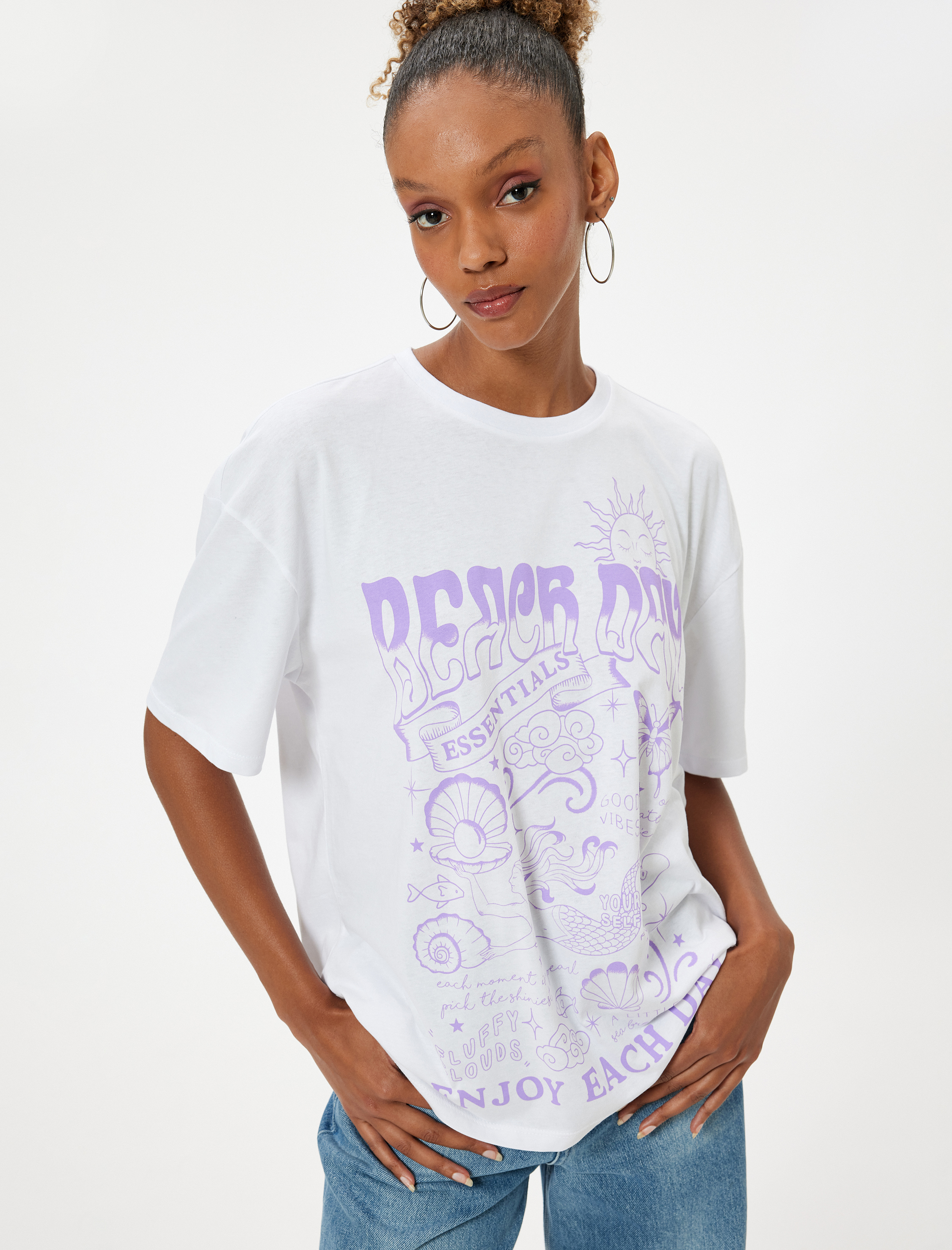   Oversize Kısa Kollu Bisiklet Yaka Baskılı Pamuklu Tişört