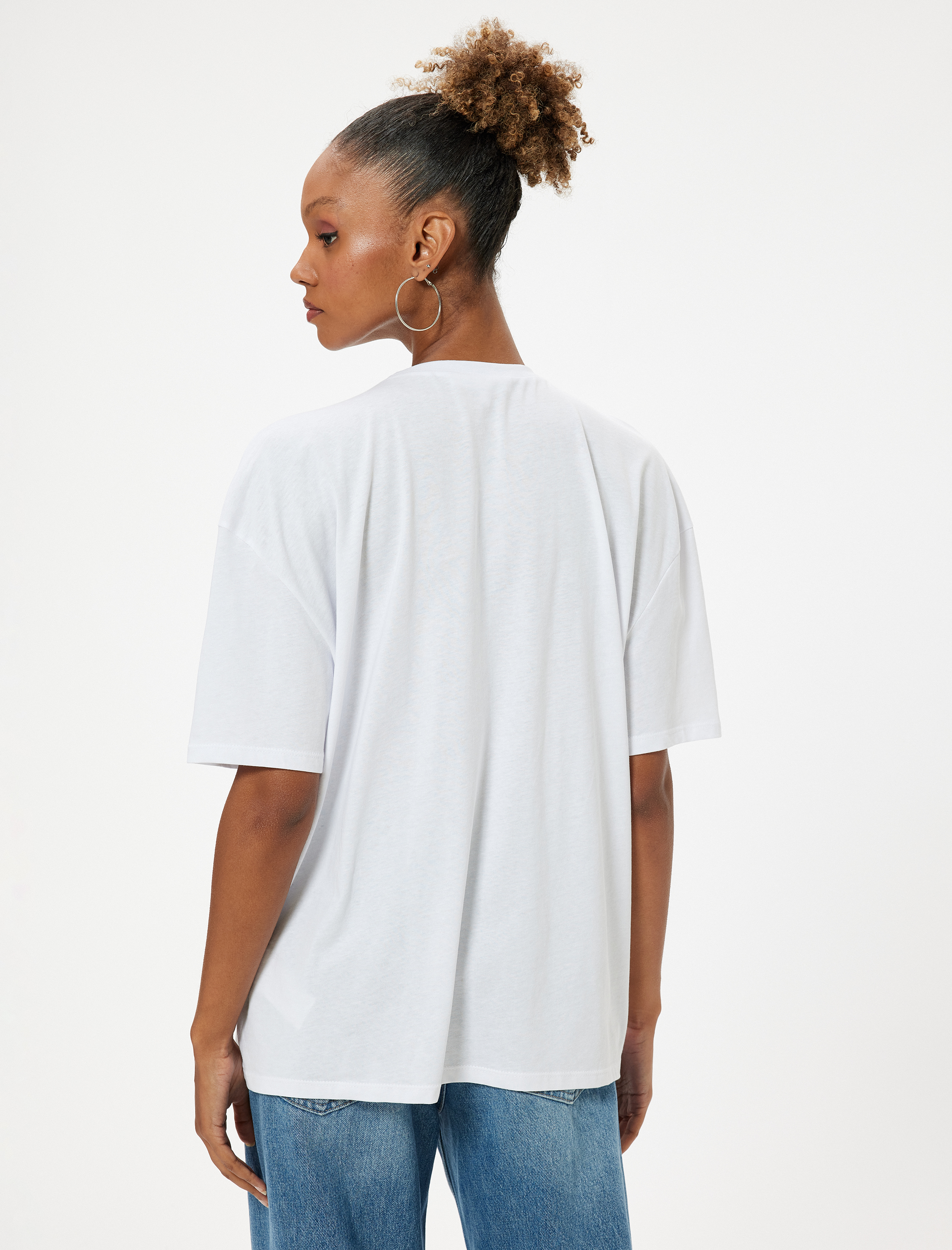   Oversize Kısa Kollu Bisiklet Yaka Baskılı Pamuklu Tişört