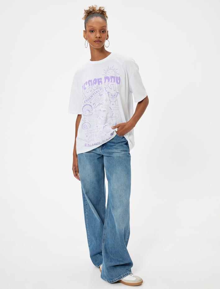  Oversize Kısa Kollu Bisiklet Yaka Baskılı Pamuklu Tişört