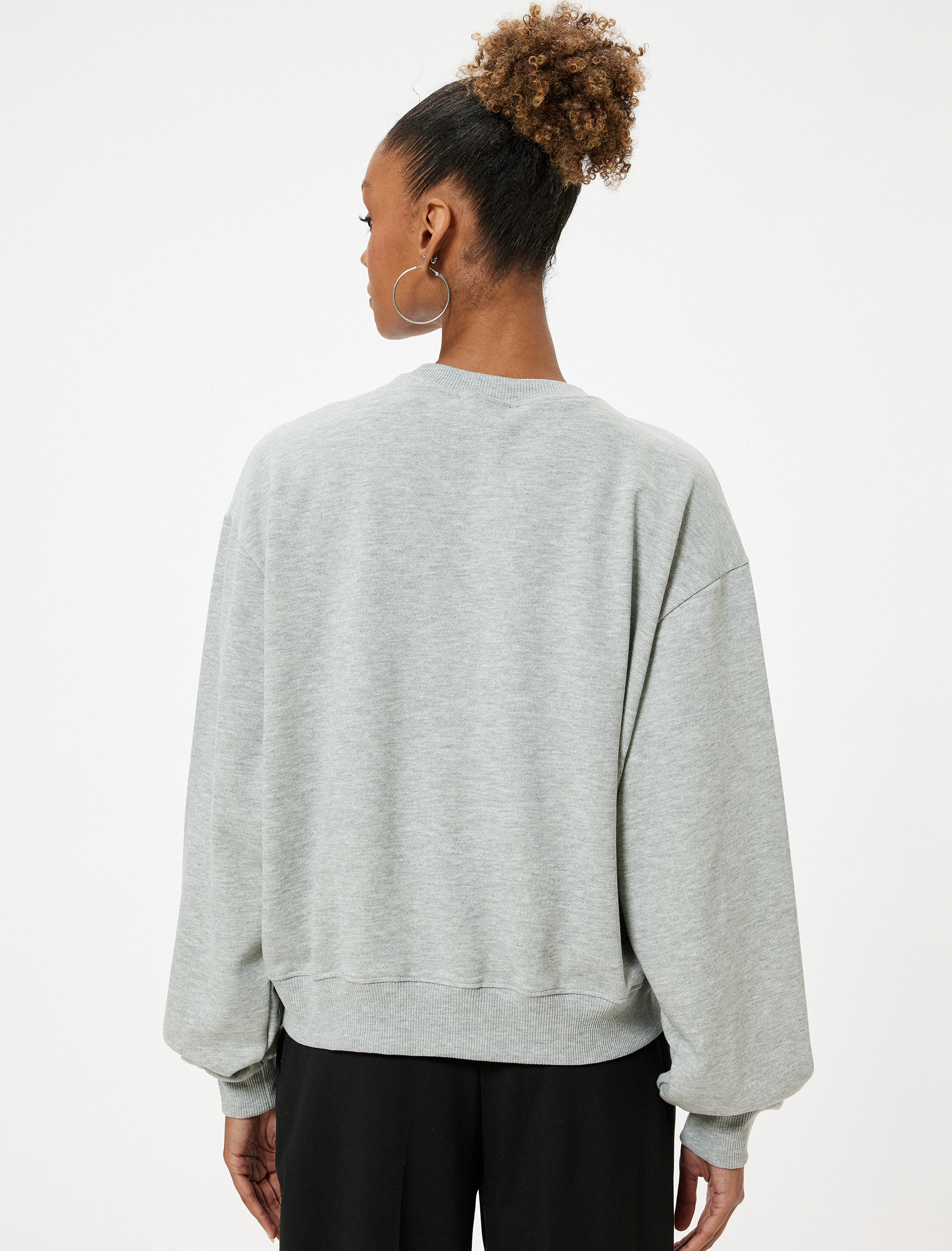   Bisiklet Yaka Sweatshirt Oversize Ayıcık İşlemeli Sloganlı Şardonlu