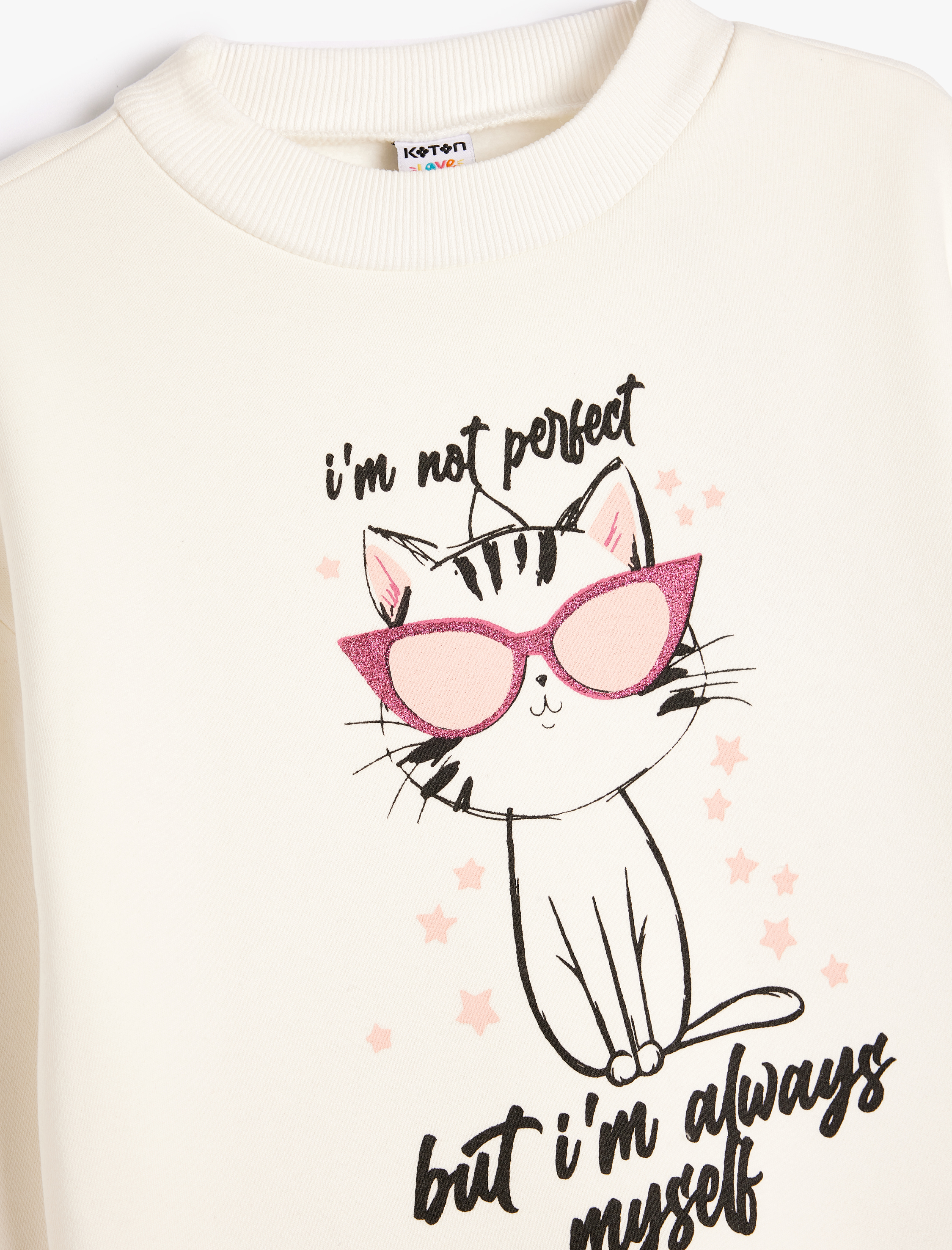  Kız Çocuk Oversize Sweatshirt Kedi Baskılı Bisiklet Yaka Uzun Kollu Pamuklu Şardonlu