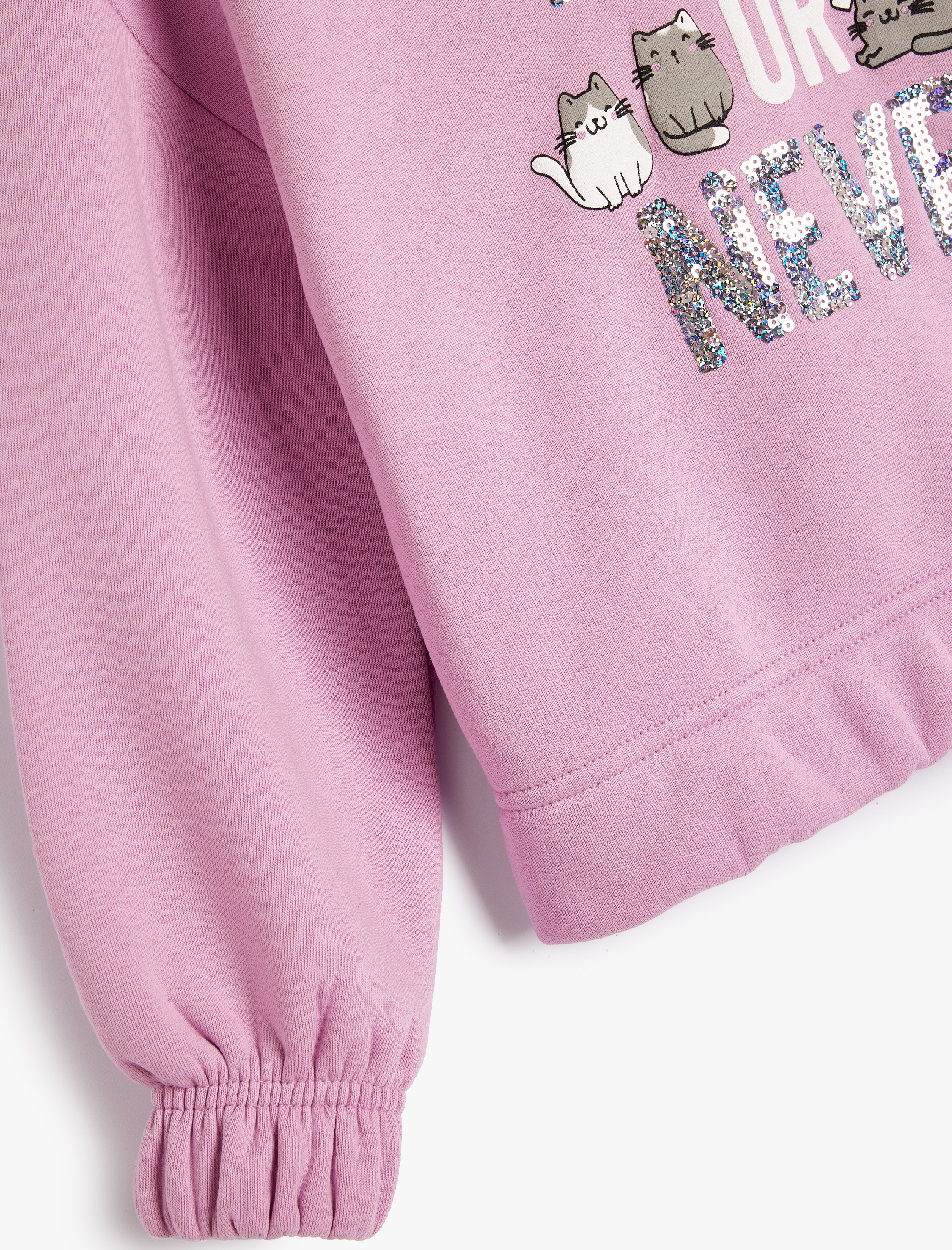  Kız Çocuk Kapşonlu Sweatshirt Kedi Baskılı Uzun Kollu Pullu Payetli Şardonlu