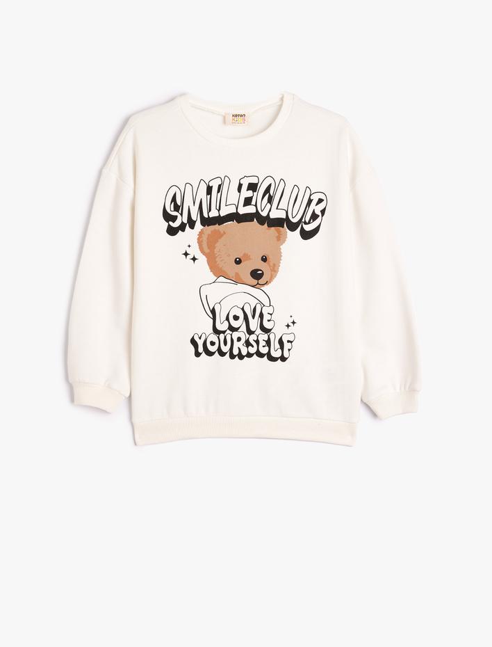 Kız Çocuk Ayıcık Baskılı Sweatshirt Uzun Kollu Bisiklet Yaka Şardonlu