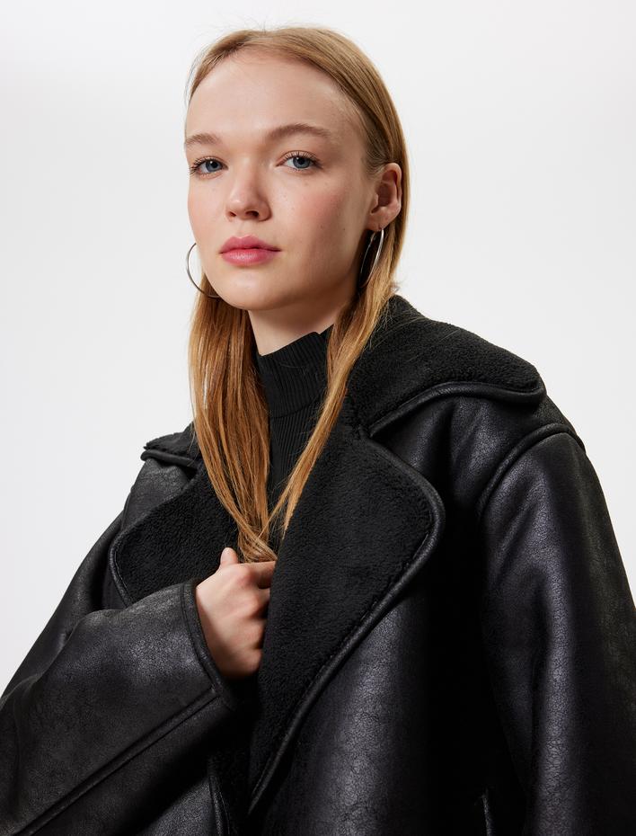  Deri Görünümlü Ceket Geniş Yaka Düğmeli Cepli Peluş Astarlı Rahat Kesim