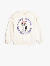 Fırfırlı Sweatshirt Köpek Baskılı Uzun Kollu Pamuklu