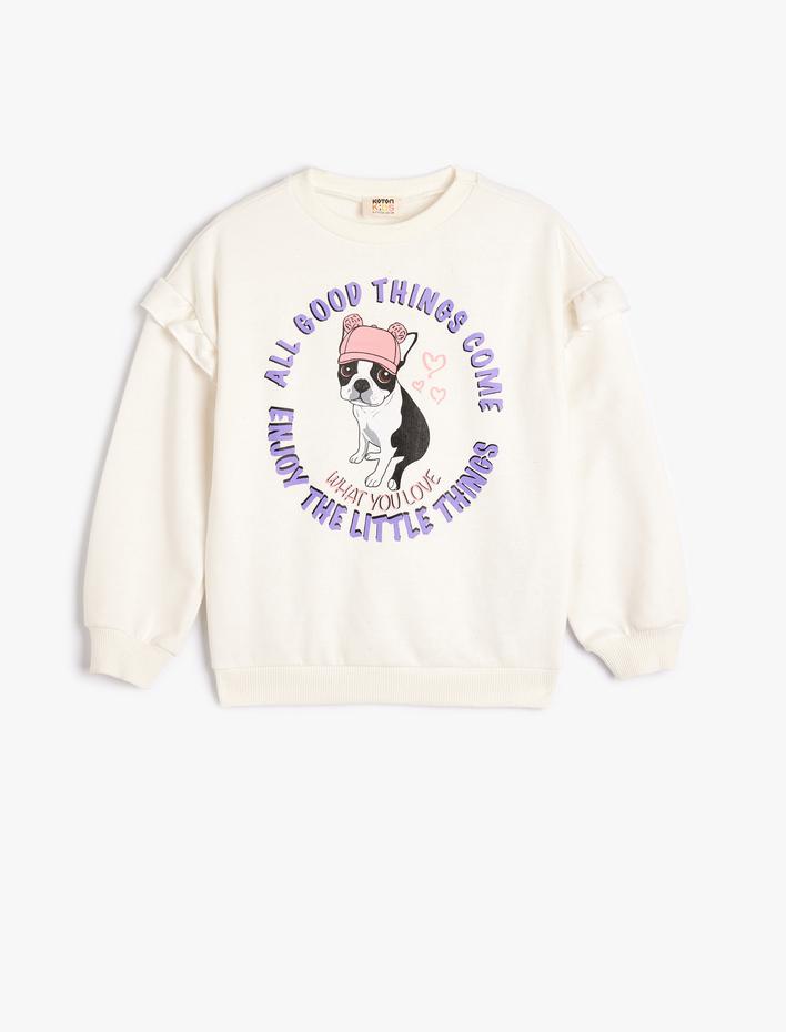 Kız Çocuk Fırfırlı Sweatshirt Köpek Baskılı Uzun Kollu Pamuklu