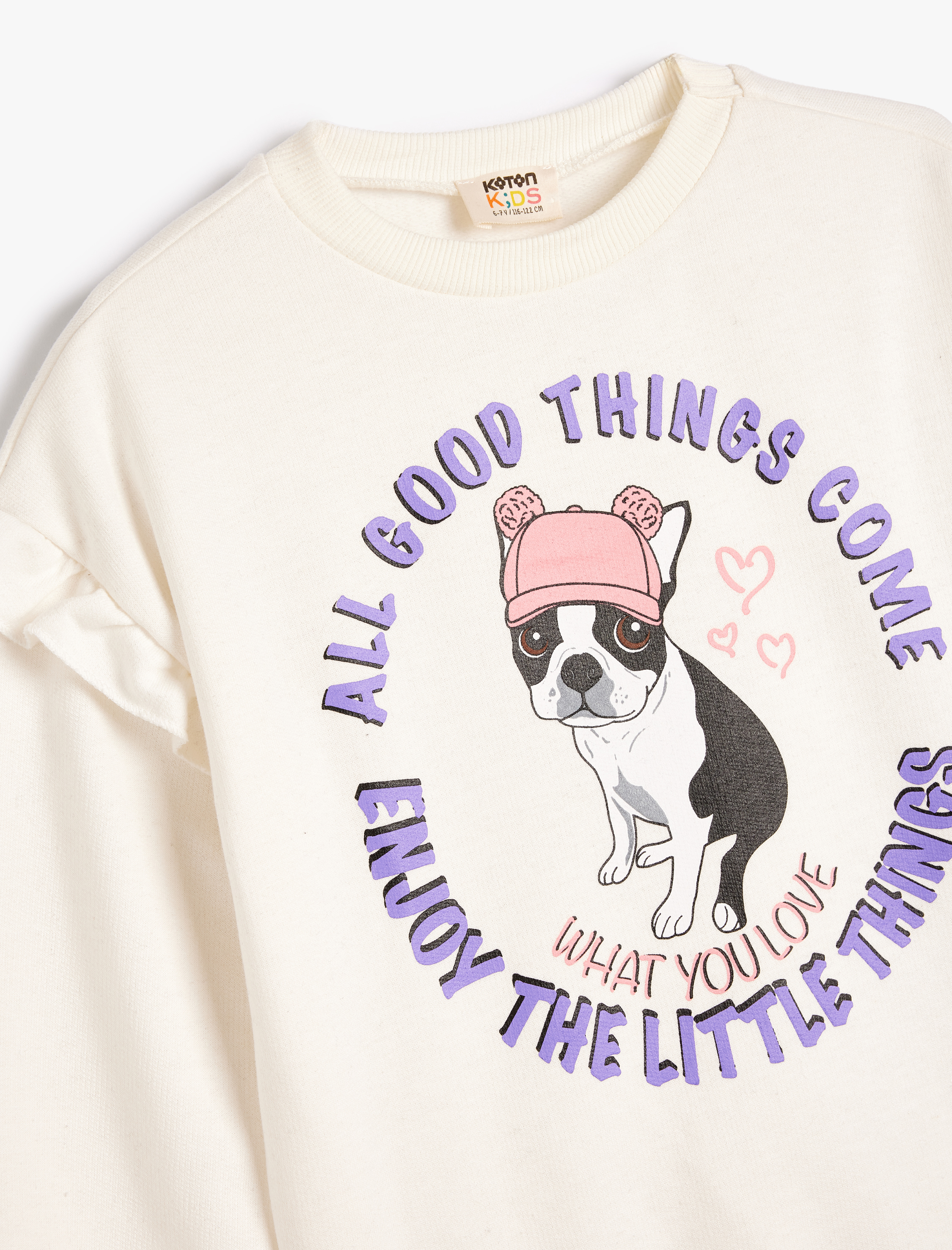  Kız Çocuk Fırfırlı Sweatshirt Köpek Baskılı Uzun Kollu Pamuklu Şardonlu