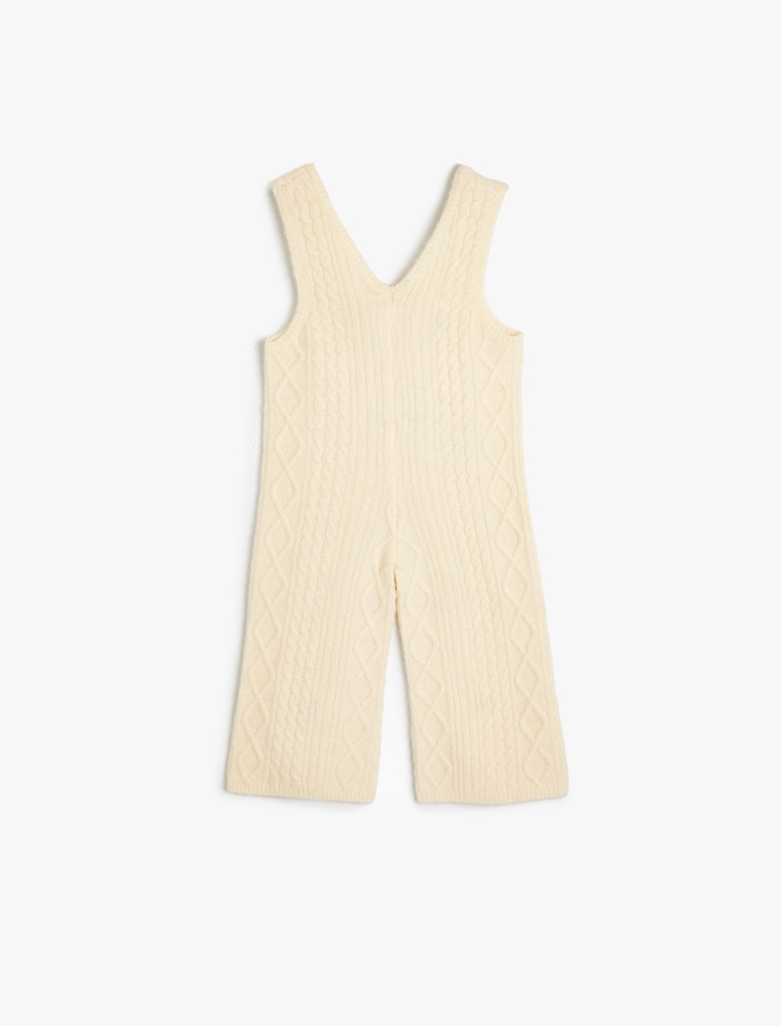 Kız Bebek Triko Tulum Örgü Desenli Çiçek İşlemeli V yaka